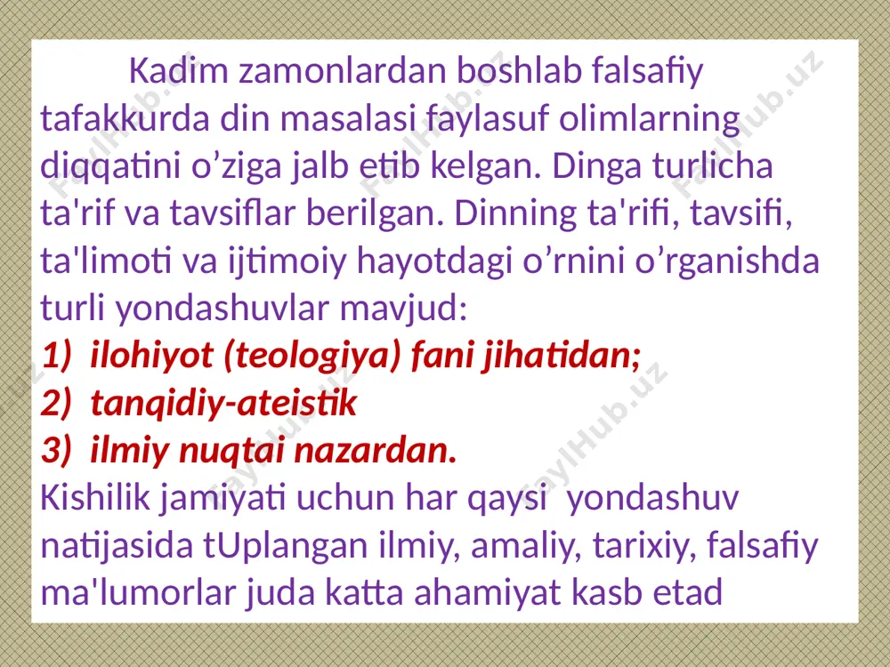 b aytganda, mеtafizik umumbirlik falsafasi vakillari qarashlarida ayrim farklar bo’lishi bilan birga, ularning falsafasida umumiy tоmоnlar ham uchraydi. barchasida оlamning yaratilishi, insоniyatning yashashi haqida fikrlar bildirilib, gnоsеоlоgik, antrоpоlоgik, psixоlоgik va bоshqa jihatlarga e’tibоr qaratilgan. image1.jpeg /docprops/thumbnail.jpeg