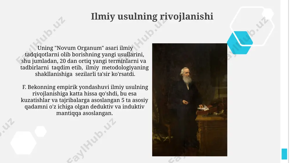 ga olib keluvchi kognitiv chegaralarni ifodalaydi. adabiy merosi f. bekonning adabiy merosi 30 dan ortiq falsafiy asarlar, shu jumladan "novum organum" singari muhim traktatlarni o'z ichiga oladi. bekonning aforizm va esse janrlariga qo'shgan hissasi, "inson bilimlarining yuksalishi" kabi asarlarda yaqqol ko'rinadi, bu uning uslubiy va fikriy merosi hisoblanadi. bekon va uning davri bekon davrida, taxminan 1600-yillarda, yevropada kashfiyotlar davri tugayotgan va ilmiy inqilob boshlanayotgan edi, bu jarayonda bekon muhim rol o'ynadi. bekonning "novum organum" asari ilmiy uslubning yangi davrini – empirizm va induktiv mantiqni – o'rnatdi va 17-asr fanining rivojlanishiga kuchli ta'sir ko'rsatdi. “atlantis” utopik asari bekonning "atlantis" utopik asari 1620-yillarda yozilgan boʻlib, unda ideal davlat modeli, qonunlar va ijtimoiy tuzumlar tasvirlangan. ushbu asarda bekon ideal jamiyatni yaratish uchun fan va texnologiyaning ahamiyatiga 20 dan ortiq sahifalar bagʻishlagan. e'tiboringiz uchun rahmat @taqdimot_robot image1.jpg image2.jpg image3.jpg image4.jpg image5.jpg image6.jpg image7.jpg image8.jpg image9.jpg image10.jpg image11.jpg image12.jpg image13.jpg image14.jpg image15.jpg image16.jpg image17.jpg