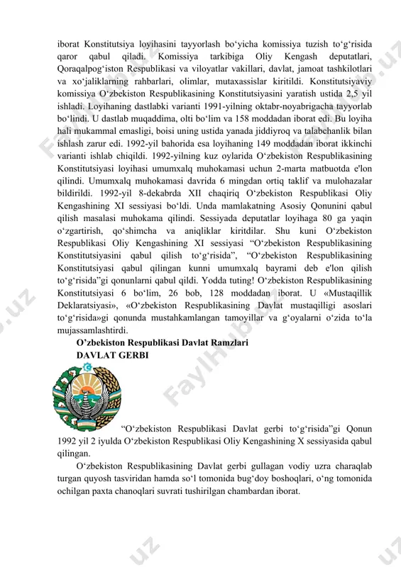 to‘g‘risida”gi konstitutsiyaviy qonun bilan mustahkamlashni taklif qildi. oliy kengash deputatlari moddama-modda muhokamadan so‘ng, “o‘zbekiston respublikasining davlat mustaqilligi asoslari to‘g‘risida”gi qonunni qabul qildilar. so‘ngra “o‘zbekiston respublikasining davlat mustaqilligi to‘g‘risidagi oliy kengash bayonoti” qabul qilindi. “o‘zbekiston respublikasining davlat mustaqilligi asoslari to‘g‘- risida”gi qonun g‘oyat katta ahamiyatga ega bo‘lib, bu qonun asosida o‘zbekistonning huquqiy holati tubdan o‘zgardi. 17 moddadan iborat ushbu qonun suveren o‘zbekiston respublikasining asosiy belgilarini aniqlab berdi. vatanimiz tarixi sahifalariga oltin harflar bilan yoziladigan o‘sha kunlarga nazar tashlaydigan bo‘lsak, ayni o‘sha paytda yosh, mustaqil o‘zbekiston hukumati mamlakatimizning siyosiy-ijtimoiy, ma'naviy taraqqiyoti uchun hal qiluvchi ahamiyatga ega bo‘lgan ko‘plab muhim hujjatlar qabul qilganining guvohi bo‘lamiz. misol uchun, 5-sentabrda imzolangan toshkent shahridagi lenin nomidagi maydonni mustaqillik maydoni deb nomlash to‘g‘risidagi, 6-sentabr kuni imzolangan “o‘zbekiston respublikasi mudofaa ishlari vazirligini tuzish to‘g‘risida”gi prezident farmonlari va boshqa muhim siyosiy hujjatlar shular jumlasidandir. o‘zbekiston respublikasi konstitutsiyasining qabul qilinishi. o‘zbekiston mustaqillikni qo‘lga kiritgach, tabiiy ravishda davlat mustaqilligi va suverenitetini …
