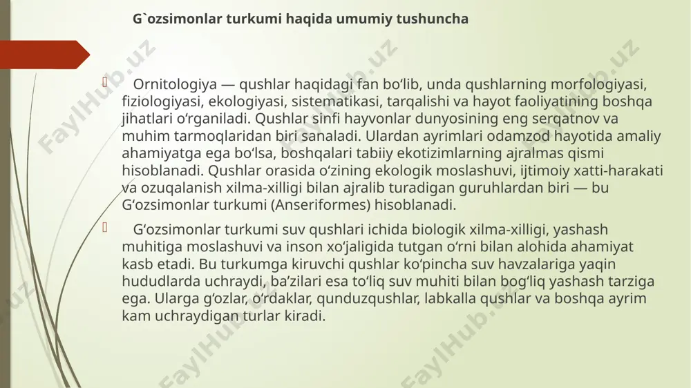 ar bo‘lib, ular ko‘pincha guruh-guruh bo‘lib harakatlanadi, ayniqsa migratsiya davrida juda katta galalarga to‘planadi. bu galalar minglab individlardan iborat bo‘lishi mumkin. ularning birgalikda harakatlanishi nafaqat himoya funksiyasini bajaradi, balki uzoq masofalarga parvozda energiyani tejash imkonini ham beradi. masalan, “v” shaklida uchish ularga aerodinamik qulaylik yaratadi. gʻozsimonlar oraligʻida kuchli ierarxiya mavjud boʻlib, juftlar orasida doimiylik, bolalarni birgalikda parvarishlash kabi murakkab xatti-harakatlar mavjud. bu turkum vakillari ko‘pchilik hollarda sodiq juftlar bo‘lib, hayot davomida bir juft bilan yashaydi. tuxum qo‘yish va inkubatsiya jarayonida urg‘ochi g‘amxo‘rlik qiladi, erkak esa atrofni himoya qiladi. bu esa g‘ozsimonlar oilasining ijtimoiy jihatdan rivojlanganligini ko‘rsatadi. ko‘pchilik turlari har yili bir marta ko‘payadi, tuxum soni esa 5-15 taga yetishi mumkin. jo‘jalar tug‘ilgandan so‘ng darhol harakatlana oladi va onasi yetakchiligida suzishni boshlaydi. bunday turdagi rivojlanish “nidifug” tipiga kiradi, ya’ni jo‘jalar mustaqil harakatlana oladigan holda tug‘iladi. gʻozsimonlar hozirgi kunda yer yuzining turli mintaqalarida keng tarqalgan bo‘lib, shimoliy amerika, yevropa, osiyo, afrika va …
