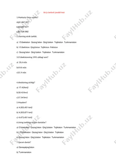 o'zbekiston haqida ko'p tanlovli javobli test — DOCX