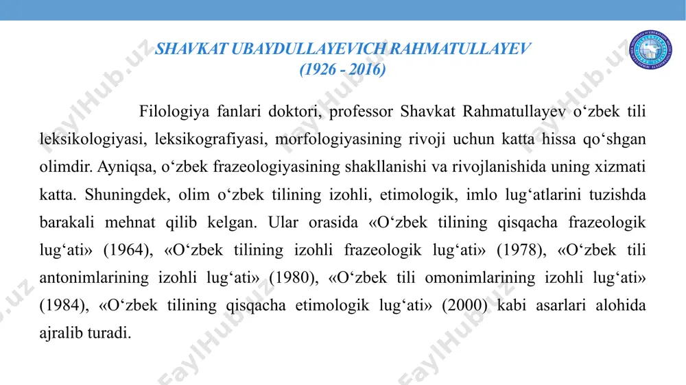 r asosiy adabiyotlar: abduraxmonova m., fattoxova d., xalmuxamedova u., inogamova n., egamberdiyeva n. o‘zbek tili (o‘quv qo‘llanma). – toshkent: “mumtoz so‘z”, 2019. muhiddinova x., salisheva z., po‘latova x. o‘zbek tili (oliy ta’lim muassasalari rus guruhlari uchun darslik). – toshkent: o‘qituvchi, 2012. – 288 b. qo‘shimcha adabiyotlar: rahmatullayev sh., hojiyev a. o‘zbek tilining imlo lug‘ati. – toshkent: “o‘qituvchi”, 2019. 2. nazarova k., xo‘janova g. o‘zbek tili (darslik). – toshkent: tdyu, 2003. image2.png image3.emf