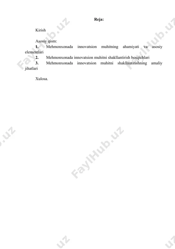 'pincha mijozlarning ehtiyojlarini yaxshiroq qondirishga, ularga qulayliklar yaratishga va unutilmas tajribalar taqdim etishga qaratilgan. mijozlar qoniqishining yuqori darajasi esa takroriy tashriflar va ijobiy tavsiyalarga olib keladi. avtomatlashtirish, raqamli tizimlar va yangi ish usullarini joriy etish orqali mehmonxona operatsiyalarini yanada samaraliroq qilish, xarajatlarni kamaytirish va resurslardan oqilona foydalanish mumkin. innovatsion muhit xodimlarni o'z g'oyalari bilan bo'lishishga, eksperimentlar o'tkazishga va yangi yechimlar izlashga rag'batlantiradi. bu esa ularning ishdan qoniqishini oshiradi, ijodiy salohiyatini ochadi va mehnat unumdorligini yaxshilaydi. innovatsion mehmonxona zamonaviy, ilg'or va mijozlariga g'amxo'r brend sifatida taniladi. bu esa uning obro'sini oshiradi va yangi iste'molchilarni jalb qiladi. mehmonxonada innovatsion muhitning asosiy elementlari quyidagilarni o'z ichiga oladi. xodimlarning yangi g'oyalarini erkin ifoda etishlari, xatolardan qo'rqmasdan eksperimentlar o'tkazishlari va o'zaro fikr almashishlari uchun qulay sharoit yaratish. mehmonxona rahbariyatining innovatsiyalarga bo'lgan qiziqishi, yangi g'oyalarni tinglashga tayyorligi va ularni amalga oshirish uchun resurslar ajratishi. innovatsion g'oyalar va loyihalar uchun xodimlarni moddiy va nomoddiy rag'batlantirish, ularning yutuqlarini …