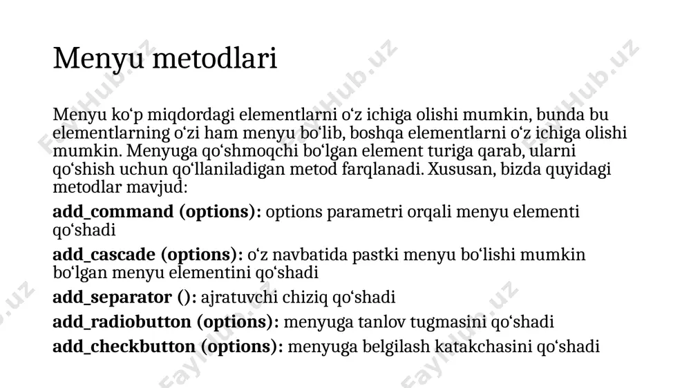 er import * from tkinter import ttk root = tk() root.title("metanit.com") root.geometry("250x200") # sahifalar to‘plamini yaratish notebook = ttk.notebook() notebook.pack(expand=true, fill=both) # freymlar yaratish frame1 = ttk.frame(notebook) frame2 = ttk.frame(notebook) frame1.pack(fill=both, expand=true) frame2.pack(fill=both, expand=true) # sahifaga freymlarni qo‘shish notebook.add(frame1, text="python") notebook.add(frame2, text="java") root.mainloop() rasm joylashtirish python_logo = photoimage(file="./python_mc.png") java_logo = photoimage(file="./java_mc.png") notebook.add(frame1, text="python", image=python_logo, compound=left) notebook.add(frame2, text="java", image=java_logo, compound=left) oyna yaratish odatda tkinter ilovasida bitta asosiy oyna mavjud bo‘lib, u tkinter.tk sinfini ifodalaydi. ilovani ishga tushirish asosiy oynani ochishga olib keladi va barcha vidjetlar shu oyna ichiga joylashtiriladi. asosiy oynani yopish ilova ishini tugatadi. biroq, asosiy oyna doirasida ikkinchi darajali, asosiy bo‘lmagan oynalarni ham ochish mumkin. masalan, biror tugmani bosish orqali yangi oyna ochishni ko‘rib chiqaylik: yangi oyna ochish def click(): window = tk() window.title("yangi oyna") window.geometry("250x200") button = ttk.button(text="oyna ochish", command=click) button.pack(anchor=center, expand=1) bu yerda tugmani bosish orqali yangi window obyekti yaratiladi, unga sarlavha va o‘lchamlar belgilanadi. asosiy oyna …