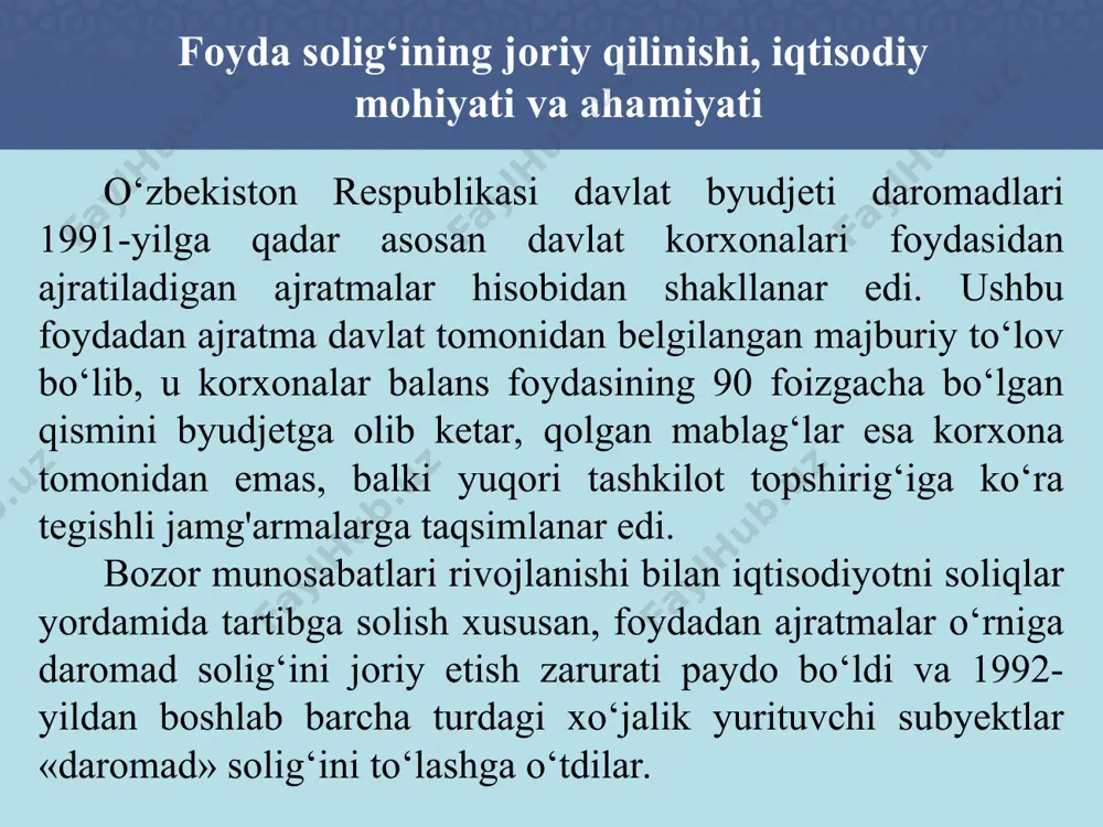 oliq to’lovchilari deb e’tirof etiladi: - o’zbekiston respublikasining soliq rezidentlari bo’lgan yuridik shaxslar; - o’zbekiston respublikasining norezidentlari bo’lgan yuridik shaxslar, shuningdek o’zbekiston respublikasida faoliyatni doimiy muassasalar orqali amalga oshiradigan, yuridik shaxs tashkil etmagan holdagi chet el tuzilmalari; - o’zbekiston respublikasidagi manbalardan daromadlar oluvchi o’zbekiston respublikasi norezidentlari bo’lgan yuridik shaxslar; - soliq to’lovchilar konsolidatsiyalashgan guruhining mas’ul ishtirokchilari bo’lgan yuridik shaxslar; - soliq davrida tovarlarni (xizmatlarni) realizatsiya qilishdan olgan daromadlari bir milliard so’mdan ortiq bo’lgan yoki o’z ixtiyori bilan foyda solig’ini to’lashga o’tgan yakka tartibdagi tadbirkorlar; - oddiy shirkat shartnomasi (birgalikdagi faoliyat to’g’risidagi shartnoma) doirasida amalga oshiriladigan faoliyat bo’yicha oddiy shirkatning ishonchli shaxsi. agar soliq kodeksida boshqacha qoida nazarda tutilmagan bo’lsa, aylanmadan soliq to’lovchi shaxslar soliq to’lovchilar hisoblanmaydi. yuridik shaxslar foyda solig‘i bo‘yicha byudjet bilan hisob-kitoblarni mustaqil ravishda amalga oshiradilar. ayrim iqtisodiyot tarmoq korxonalari byudjet bilan hisob-kitoblarni o‘zbekiston respublikasi vazirlar mahkamasining qaroriga binoan markazlashtirilgan tartibda amalga oshirishlari mumkin (misol uchun, energetika, neftgaz-xolding …