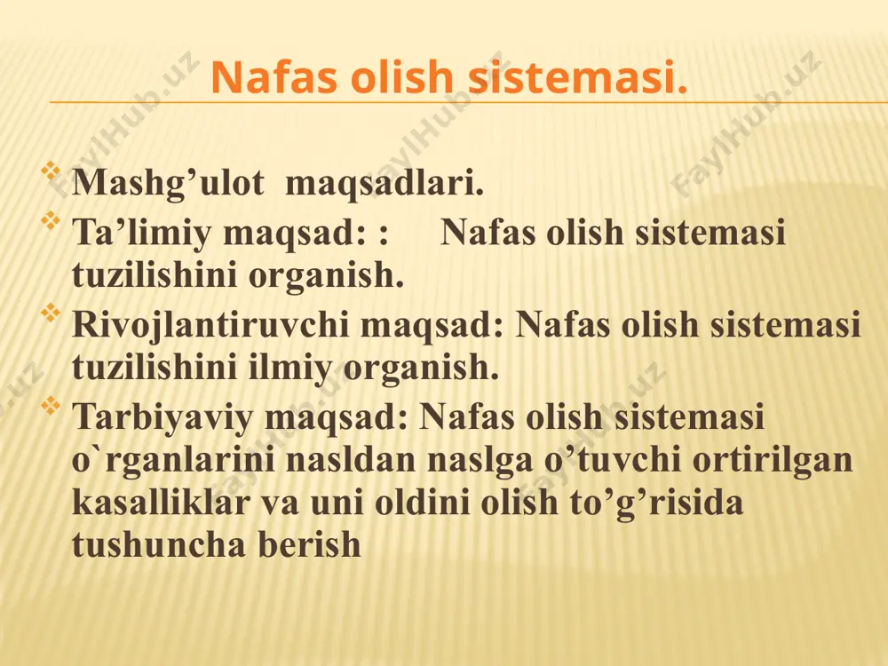 tasidagi pay yordamida halqasimon tog’ayga birikkan, traxeyaning yarim halqalari zich tolali biriktiruvchi to’qima bilan birikkan. orqa tomonda yarim halqalarining uchi o’rtasida silliq musqul tolalari bo’lgan biriktiruvchi to’qimali parda membrana bor. shunday qilib traxeyaning oldingi va yon tomonlari tog’aydan, orqa tomon esa biriktiruvchi to’qimadan tuzilgan. traxeya /trachea/. traxeyaning ustki uchi bo’yinning vi-vii umurtqalari sathida, pastki uchi ko’krak bo’shlig’ida, ko’krakning iv-y umurtqalari sathida joylashgan. traxeya pastda ikkita asosiy ya'ni birlamchi bronxyalaga bo’linadi: bu traxeyaning bufurkatsiyasi deb ataladi. traxeya tananing o’rta chizig’i bo’ylab joylashgan. uning bo’yin qismi oldingi tomondan qalqonsimon bezning bo’yni bilan yon tomondan uning pallalari bilan oldingi yon tomonlaridan esa bulardan tashqari to’sh bilan til osti suyagi o’rtasida joylashgan musqullari bilan yopilib turadi. traxeya ko’krak qafasining yuqorigi teshigi orqali ko’krak bo’shlig’iga tushadi.. bronxlar /bronshi/. bronxlar tuzilishiga ko’ra traxeyani eslatadi va orqa tomondan membrana yordamida bir-biri bilan qo’shilgan tog’ay yarim halqalardan tuzilgan. membrana bronxlarning orqa devorini hosil qiladi. o’ng bronx uzunligi 3 …
