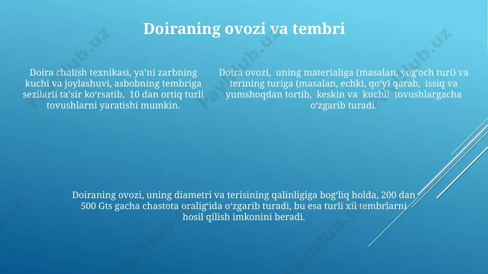 ldan 2030-yilgacha 30% ga oshishi, musiqa maktablari va onlayn kurslarning ko‘payishi bilan bog‘liq. zamonaviy texnologiyalar, masalan, elektron doyralar va doyra musiqasini qo‘llab-quvvatlovchi dasturlar sonining ortishi, uning ommabopligini yanada oshiradi. doira musiqasining milliy xususiyatlari doiraning ovoz chiqarish texnikasi va uning ijro uslublari asosan mahalliy anʼanalarga asoslangan boʻlib, turli hududlarda oʻziga xos xususiyatlarga ega. doira ijrosi 20 dan ortiq turli cholgʻu usullarini oʻz ichiga oladi, har biri oʻziga xos ritmik naqsh va ohanglarni ifodalaydi, bu esa milliy musiqa madaniyatining boyligini namoyon qiladi. doira musiqasida 5/8, 7/8 kabi murakkab ritmik oʻlchovlar keng qoʻllaniladi, bu esa uni boshqa musiqa anʼanalaridan farqlaydigan noyob xususiyatdir. mashhur doira ustalari doira ustalarining 30 dan ortiq turli uslubdagi ijrolari va 50 dan ortiq yozilgan asarlari mavjud bo'lib, ularning har biri o'ziga xos musiqiy ifoda uslubi bilan ajralib turadi. mashhur doira ustalari orasida 20-asrning ikkinchi yarmida faoliyat yuritgan va o'zining noyob ijro uslubi bilan tanilgan bir qancha nomdor xonandalar va …