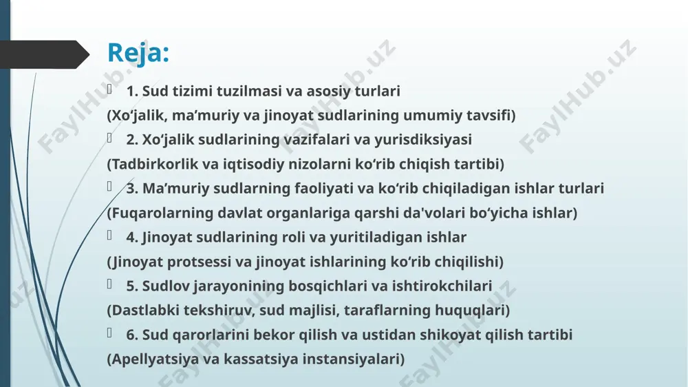 ishlarning toifalariga qarab sudlarning ixtisoslashuvi amalga oshirilishi mumkin. sud — odil sudlovni amalga oshrishga haqli boʻlgan birdan – bir davlat hokimiyati organi. o'zbekiston respublikasida odil sudlov faqat sud tomonidan amalga oshiriladi.o'zbekiston respublikasida sud hokimiyati qonun chiqaruvchi va ijro etuvchi hokimiyatdan, siyosiy partiyalardan, fuqarolik jamiyatining boshqa institutlaridan mustaqil holda ish yuritadi(oʻzbekiston respublikasi konstitutsiyasi 130-modda).[1] oʻzbekiston respublikasida sud tizimi va sudlar faoliyatining tartibi qonun bilan belgilanadi. favqulodda sudlar tuzishga yo'l qo'yilmaydi (oʻzbekiston respublikasi konstitutsiyasi 131-modda). hamma sudlarda ishlar ochiq ko'riladi. ishlarni yopiq majlisda tinglashga faqat qonunda belgilangan hollardagina yo'l qo'yiladi (oʻzbekiston respublikasi konstitutsiyasi 137-modda). xo‘jalik sudlarining vazifalari va yurisdiksiyasi (tadbirkorlik va iqtisodiy nizolarni ko‘rib chiqish tartibi) xoʻjalik nizolari (oʻzbekiston respublikasida) -iqtisodiyot sohasida va uni boshqarish jarayonida taraflar oʻrtasida kelib chiquvchi kelishmovchiliklar. yuridik shaxslar, yuridik shaxs tuzmagan holda tadbirkorlik faoliyatini amalga oshirayotgan va yakka tartibdagi tadbirkor maqomini olgan fuqarolar xoʻjalik nizolari bilan bogʻliq huquqiy munosabatlarning subʼyektlari hisoblanadi. xoʻjalik nizolarining quyidagi turlari mavjud: tuzilishi …