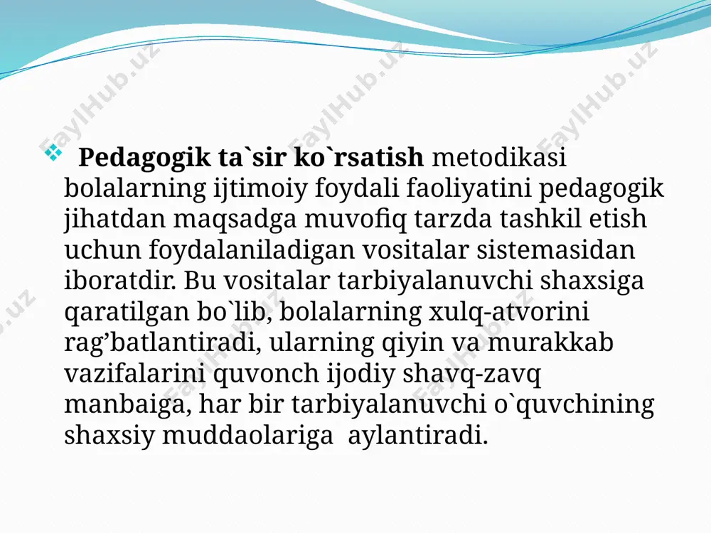 fanidan ma’ruzalar matni buxoro-2011 internet saytlari: www.ziyonet. uz www.referat.com foydalanilgan adabiyotlar ro’yxati: “pedagogik mahorat” fanidan bajardi: 36-11 mmndt sultonova d. tekshirdi: olimov.sh.sh. mustaqil ish image4.jpeg