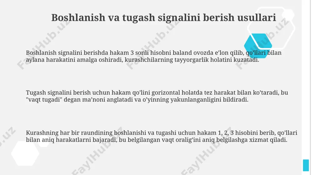 obaqalarda 10 tagacha kengaytirildi, bu texnik rivojlanish va yangi usullar qo'shilishi bilan bog'liq. tarixiy ravishda, hakamlar 3 ta asosiy imo-ishora yordamida kurashni to'xtatar edilar, hozirgi kunda esa bu soni 5 taga yetdi, bu qo'shimcha qoidalar va vaziyatlarni hisobga olish uchun. musobaqaning turli bosqichlarida qoʻllaniladigan imo-ishoralar musobaqaning ochilish marosimidagi bosh hakamning qo'llari bilan 3 marta aylana chizishi, kurashchilarning tayyorgarlik holatini va musobaqa boshlanishini bildiradi. kurash davomida hakamning bir qo'lini ko'tarishi, ogohlantirish yoki 1 ball berilishini, ikki qo'lini ko'tarishi esa, 2 ball berilishini anglatadi. musobaqa yakunida g'olibni e'lon qilishda hakamning "1" raqamini ko'rsatishi, birinchi o'rinni, "2" raqamini ko'rsatishi esa ikkinchi o'rinni anglatadi. belbogʻli kurashda qoʻllaniladigan asosiy imo-ishoralar hakamlar uchrashuvning tugashini bildiruvchi 4 ta imo-ishorani qo'llaydilar: vaqt tugashi, texnik g'alaba, diskvalifikatsiya va kurashchining jarohatlanishi. kurashchilarning taslim bo'lishini bildirish uchun qo'llarini ko'tarish (taslim bo'lish imo-ishorasi) yoki og'iz bilan "taslim bo'laman" deb aytish kabi 2 ta asosiy imo-ishoralari mavjud. belbogʻli kurashda hakamlar 1-raqamli imo-ishora bilan …
