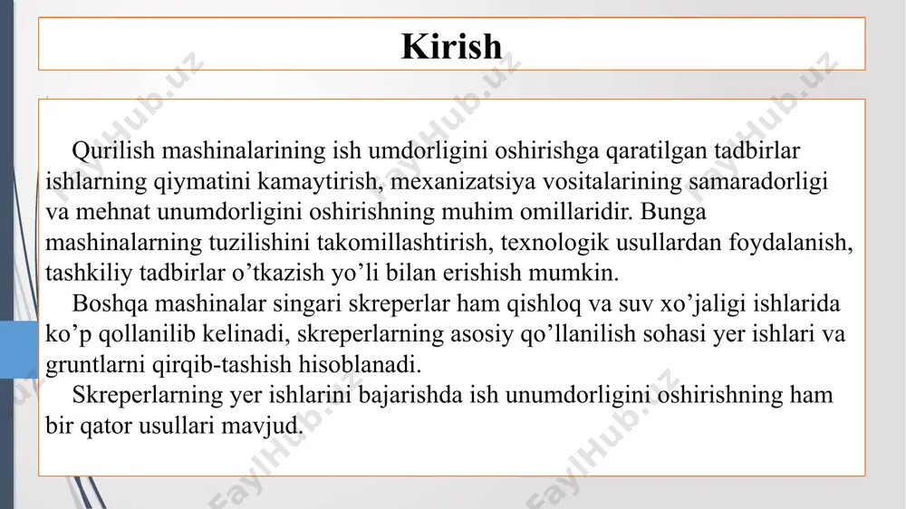 qish; g-bo’ylama yo’nalishda qazish; d-bo’ylama yo’nalishda chiziq bo’ylab qazish; e-qirrali shaxmatsimon qazish; j-ellepis bo’yicha harakatlanish; z-8 sxemasida ishlash; k-zig-zag bo’ylab harakatlanish; l-ko’ndalangiga mokisimon harakatlanish; m-bo’ylama mokisimon harakatlanish; l-otvalni to’ldirish yo’li; 1-1v-skreperni qazib o’tish qatorlari; 1-28-grunt olishning ketma-ketligi; n-ko’tarma; v-chuqur; 1v grunt olish; 2ngruntni to’kish; h-h3- qirqishning qalinligi. skreperlar ish unumdorligi skrepeming texnik ish unumdorligi quyidagi formula yordamida aniqlanadi: bu yerda q - cho‘michning hajmi, m3; kchh - cho‘mich hajmidan foydalanish koeffitsienti; ky - gruntni yumshatish koeffitsienti (ky=1,2... 1,3); td — bir davr ish bajarishga sarflangan vaqt, s. bir davr ish bajarishga sarflanadigan vaqtni quyidagi munosabat bilan aniqlash mumkin: ish unumdorligini oshirishning tashkiliy usullari har qanday harakatlanadigan mashinalardan foydalanishda mashinalar ishlayotgan paytda eng oqilona qatnov yo’llarini tanlash va ularning mumkin bo’lgan eng kata harakat tezliklaridan foydalanish lozim. bu har qanday sharoitda ularning ish sikli qisqarishiga olib keladi. yengil gruntlarni qazish uchun bir cho’michli ekskavatorlardan foydalanishda sig’imi ko’paytirilgan almashma cho’michlar yaxshi samara …