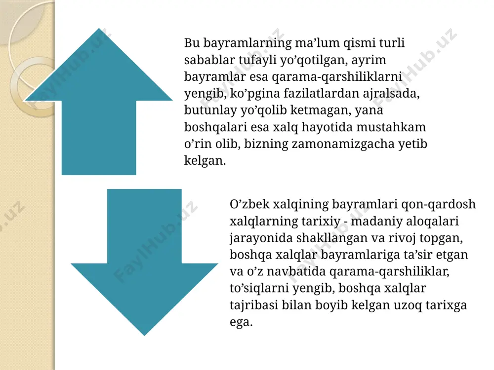 d turli bayramlar shakllari vujudga kela boshlagan. ana shu oddiy shakllar keyingi tarixiy davrlardagi bayramlarga asos va zamin bo’la oldi. miloddan avvalgi i ming yilliklar boshida o’rta osiyoda o’troq dehqonchilikning rivoj topishi, ibtidoiy jamiyat yemirila borib, quldorlik tuzumining vujudga kelishi, so’qd, xorazm, baqtriya kabi davlatlarning paydo bo’la boshlashi, yangi diniy qarashlarning shakllana borishi munosabati bilan yangi davrga xos turmush tarzini ifodalovchi an’ana, marosim va bayramlar ham yuzaga keldi. miloddan avvalgi vii-v asrlarda zardushtiylik dini (zoroastrizm) o’rta osiyoda keng rivojlandi. zardushtiylarning fikricha, dunyo asosini ikki qarama-qarshi narsa - yaxshilik va yomonlik, yoruqlik va qoronqilik, issiqlik va sovuqlik, hayot va o’lim o’rtasidagi kurash tashkil qilgan. shuning uchun dunyodagi barcha ijobiy hodisalarni yaxshilik xudosi - axuramazda (xurmuz) va hamma salbiy narsalarni yomonlik xudosi- anxara-manyu (axriman) irodasiga boqliq deb tushunishgan. zardushtiylar yaxshilik xudosiga yaxshilik qilishini, yomonlik xudosiga yomonlik qilmasligini iltimos qilib siqinishgan. shuningdek, zardushtiylar yaxshilik xudosi axuramzaning yordamchilari- mitra (yigit qiyofasidagi quyosh va yoruqlik …
