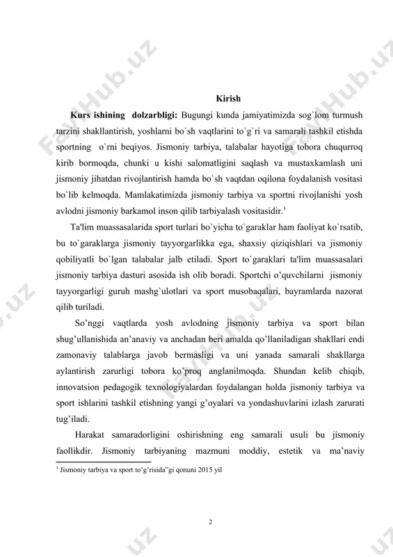 da. shundan kelib chiqib, innovatsion pedagogik texnologiyalardan foydalangan holda jismoniy tarbiya va sport ishlarini tashkil etishning yangi g’oyalari va yondashuvlarini izlash zarurati tug’iladi. harakat samaradorligini oshirishning eng samarali usuli bu jismoniy faollikdir. jismoniy tarbiyaning mazmuni moddiy, estetik va ma’naviy qadriyatlarning majmuasi bilan ifodalanadi. jismoniy tarbiya mashg’ulotlarining natijasi - bu jismoniy tayyorgarlik va ko’nikmalar, qobiliyatlarining mukammallik darajasi, hayotiy kuchlarning yuqori darajada rivojlanishi, sport yutuqlari, axloqiy, estetik, intellektual rivojlanish, sog’lom turmush tarziga yo’naltirishdir. umumta’lim maktablarida jismoniy tarbiya va sport ishlarining asosiy maqsad va vazifalari bugungi kunda o’quvci yoshlar o’rtasida jismoniy madaniyatni oshirish, sog’lom turmush tarziga tayyorgarlikni shakllantirish, sport mashg’ulotlariga qiziqishni rivojlantirish, jismoniy mashqlarni muntazam bajarish, axloqiy, hissiy, intellektual, ijtimoiy-madaniy va estetik shaxsiyatni, ijodiy qobiliyat va kognitiv ehtiyojlarni shakllantirish va rivojlantirishga qaratilgandir kurs ishining maqsadi: kurs ishida maktab jismoniy tarbiya tizimida sport o’yinlaridan foydalanishning asosiy yondashuvlari tahlil qilingan. umumta’lim maktabida sport bilan shug’ullanishning eng muhim maqsadlari - o’quvchilarni sport o’yinlari va mashqlarining turlari …