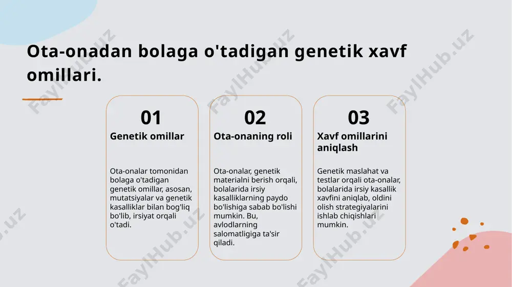 rqali irsi kasalliklar haqida bilimlarini oshirishlariga yordam beradi. xulosa 1 irsi kasalliklar va xavf irsi kasalliklar biologik asoslar bilan bog'liq bo'lib, ota-onadan bolaga genetik xavf omillari orqali o'tadi. 2 jamiyat va madaniyatga ta'siri irsi kasalliklar ijtimoiy va madaniy hayotga sezilarli ta'sir ko'rsatadi, bu esa odamlar o'rtasidagi munosabatlarni murakkablashtirishi mumkin. 3 oldini olish va davolash zamonaviy davolash usullari va oldini olish strategiyalari irsi kasalliklarning tarqalishini kamaytirish va ularning ta'sirini yengillashtirishda muhim ahamiyatga ega. e'tiboringiz uchun rahmat! /docprops/thumbnail.jpeg