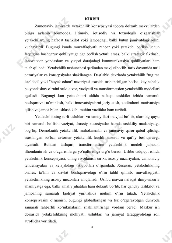 k va boshqaruv fanlariga asoslangan. yetakchilikning asosiy jihatlaridan biri – bu ta’sir o‘tkazish qobiliyati. har qanday yetakchi o‘zining bilim, tajriba va shaxsiy fazilatlari orqali boshqalarga yo‘nalish berishi lozim. yetakchilik shaxsiy fazilatlar va ijtimoiy jarayonlarning uyg‘unligi natijasida shakllanadi. yetakchilar odatda tashkilot yoki jamoaning umumiy strategiyasini belgilaydi va unga erishish uchun zarur bo‘lgan resurslarni safarbar qiladi. yetakchilik va boshqaruv o‘rtasida sezilarli farqlar mavjud. boshqaruv tizimli yondashuvga asoslangan bo‘lib, jarayonlarni rejalashtirish, muvofiqlashtirish va nazorat qilishni o‘z ichiga oladi. yetakchilik esa odamlarga motivatsiya berish, ularni ilhomlantirish va o‘zgarishlarga moslashish jarayonlarini o‘z ichiga oladi. samarali yetakchi nafaqat buyruq beruvchi shaxs, balki jamoaning har bir a’zosi bilan o‘zaro ishonch asosida ishlaydigan lider bo‘lishi kerak. yetakchilikning asosiy fazilatlari quyidagilardan iborat: 1. kommunikatsiya qobiliyati – samarali yetakchi o‘z fikrlarini aniq va tushunarli yetkaza olishi kerak. 2. strategik fikrlash – yetakchi uzoq muddatli rejalarni ishlab chiqib, ularning bajarilishini nazorat qilishi lozim. 3. mas’uliyat hissi – jamoaning natijasi yetakchining qarorlariga …
