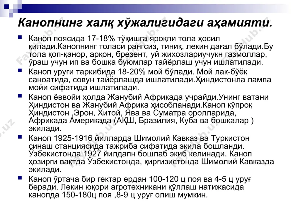 уч -қисмида ланцетсимон барг пайдо бўлади. каноп пояси жк-2,1 а ўриш машинасида 7-8 см баландликда ўрилади. сўнгра пўстлиқни шилиш учун лс русумли машина ишлатилади. пўстлоқ (луб)поясидан шилиб олингандан сўнг 2-3 кун длавомида ерга бпқа қилиб ёйилиб,қуритилади ва учлари текисланиб, ҳар бири 8-10кг дан боғ қилиб боғланиб луб заводига топширилади.бу усулда поя кўк бўлади ва пўстлоқ шилиш қулай. маҳсулотни заводга тоншириш учун ҳам кам харажат сарф бўлади. иккинчи усул-каноп пояси тўла етилиб, сариқ ранга киоганда ўрилади.бу муддатда ўрилган поялар поя ҳолича заводга топширилади ва заводда уни ивитиб, сўнгра пўстлоқ (луб) шилиб олинади. уруғлик каноп пастдаги 3-4 та кўсак қорая бошлаши билан йиғиб олинавди ва поялар боғ-боғ қилиб боғланиб, яхши қуриши учун боғлар тик қилиб тахланади ва шу ҳолда 4-5 кун қуритилади, сўнг мк-6 русумли машинада янчилади.олинган уруғлар қуритилиб, дон тозалагич машиналарда тозаланиб, қопларда омборларда сақланади.уруғи олинган поялар заводга топширилади. эътиборингиз учун раҳмат!