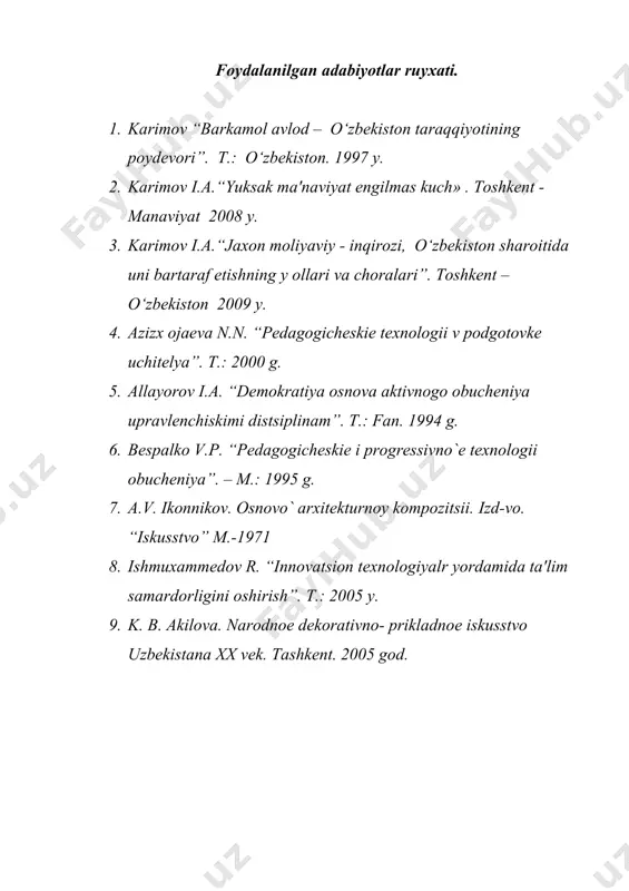 shakllar qurshovida b оlgan jism xuddi shu оlchamdagi, lеkin kеng joyda yoki katta shakllar orasida joylashgan jismlarga qaraganda kattaroq b оlib k оrinadi. oddiy k оrish illyuziyasiga vеrtikal chiziqlarni gorizontal chiziqlarga qaraganda ortiqroq baqolash misol b оladi. shunga binoan vеrtikal ravishda b оlingan shakllar gorizontal b оlingan shakllarga nisbatan uzunroq tuyuladi. ikkita tеng b оlakka b оlingan t оqriburchakning yuqori qismi pastki qismiga nisbatan yirikroq tuyuladi. foydalanilgan adabiyotlar ruyxati. 1. karimov “barkamol avlod – o‘zbеkiston taraqqiyotining poydеvori”. t.: o‘zbеkiston. 1997 y. 2. karimov i.a.“yuksak ma'naviyat еngilmas kuch» . toshkеnt - manaviyat 2008 y. 3. karimov i.a.“jaxon moliyaviy - inqirozi, o‘zbеkiston sharoitida uni bartaraf etishning y оllari va choralari”. toshkеnt – o‘zbеkiston 2009 y. 4. azizx оjaеva n.n. “pеdagogichеskiе tеxnologii v podgotovkе uchitеlya”. t.: 2000 g. 5. allayorov i.a. “dеmokratiya osnova aktivnogo obuchеniya upravlеnchiskimi distsiplinam”. t.: fan. 1994 g. 6. bеspalko v.p. “pеdagogichеskiе i progrеssivno`е tеxnologii obuchеniya”. – m.: 1995 g. …