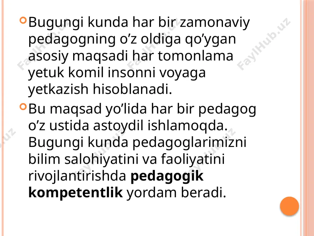 isoblanadi. bundan tashqari ta’lim-tarbiya beruvchining o’z kasbiy darajasini munosib baholay olishi va mutaxassis sifatida o’z rivojlanishini belgilash qobilyatini ham o’z ichiga oladi. -ijtimoiy pedagogik kompentensiya – ijtimoiy maqom darajasi o’qituvchining hamkasblari bilan munosabatlarini samarali qurishi, birgalikdagi harakatlarni rejalashtirish va shu jarayonni olib borish qobilyatini belgilaydi. samarali aloqa ko’nikmalari , pedagogik madaniyat va faoliyat natijalari uchun javobgarlik – bularning hammasi ijtimoiy pedagogik kompentensiyaning tarkibiy qismlari hisoblanadi. shaxsiy pedagogik kompentensiya- bu pedagogik jarayonni to’g’ri tashkil etish qobilyati bo’lib, vaqtni tog’ri taqsimlay olish, o’z-o’zini rivojlantirishga intilish uning eng asosiy tarkibiy qismlari hisoblanadi. shaxsiy pedagogki kompentensiyaning yuqori darajasiga ega bo’lgan hodimlar charchashga kamroq moyil bo’ladilar. o’qituvchining kompetentligini shakllantirish uchun asosiy narsa bu maxsus kasbiy ta’lim hisoblanadi. kelajakda amaliyotda olingan bilim va ko’nikmalarni boshlang’ich kompentensiya darajasini to’ldiradi. ilmiy hodimlarning qarashlari va ilmiy izlanishlariga ko’ra bularning barchasini quyidagicha formula shaklida taqdim etishimiz mumkin. . kompetentlik=bilaman+qila olaman+istayman+men qilaman kasbiy kompentensiyani shakllantirish va rivojlantirish bosqichma-bosqich va doimiy tarzda …
