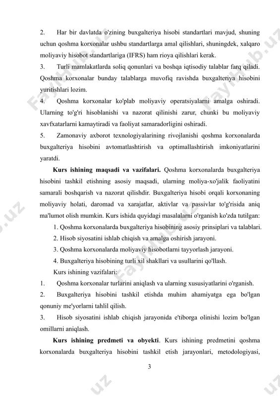 uhim ahamiyatga ega bo'lgan qonuniy me'yorlarni tahlil qilish. 3. hisob siyosatini ishlab chiqish jarayonida e'tiborga olinishi lozim bo'lgan omillarni aniqlash. kurs ishining predmeti va obyekti. kurs ishining predmetini qoshma korxonalarda buxgalteriya hisobini tashkil etish jarayonlari, metodologiyasi, qonunchilikka muvofiqligi va moliyaviy hisobotlarni tayyorlash jarayonlari tashkil etadi. bu yerda quyidagi masalalar kiritilishi mumkin: · qoshma korxonalar uchun buxgalteriya hisobining asosiy tamoyillari. · hisob siyosati va uning qoshma korxonalar uchun ahamiyati. · xalqaro moliya hisobi standartlariga muvofiq hisob yuritish. · buxgalteriya hisobotlari va ularning tuzilishi. ob'ekt: kurs ishining obyekti esa qoshma korxonalar bo'lib, ular o'z faoliyatida bir necha davlatlar qonunlariga va iqtisodiy sharoitlariga rioya qilishlari kerak. ob'ekt sifatida quyidagi jihatlar ko'rib chiqilishi mumkin: · qoshma korxonalar faoliyatining o'ziga xosligi va ularning moliyaviy natijalari. · buxgalteriya hisobini yuritishda uchraydigan muammolar va ularni hal etish usullari. · qonun hujjatlari va normativ hujjatlar bilan bog'liq masalalar. i bob. buxgalteriya hisobining paydo bo’lishi va rivojlanish bosqichlari. 1.1 …
