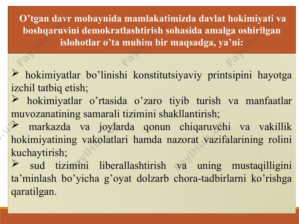 тияси (асдп) - 1995 йил 18-февралда рўйхатга олинган. асосий мақсадлари: ҳуқуқий демократик давлат қуриш мамлакат мустақиллигини мустаҳкамлаш адолатлт фуқаровий жамият қуриш сиёсий, иқтисодий ва ижтимоий демократия талабларига ҳамда мамлакатимизда яшаб турган барча миллат ва элатларнинг орзу-умидларига монанд шарт-шароит юзага келтиришга ҳисса қўшиш. матбуот органи – «адолат» ижтимоий-сиёсий ҳафталик газетаси. аъзолари сони 30 мингдан ортиқ. сиёсий кенгаши ижроия қўмитаси раиси – б. абдуҳалимов миллий тикланиш демократик партияси (мтдп) – 1995 йил 3-июнда тузилган, 9-июнда рўйхатдан ўтган. асосий мақсадлари: миллий манфаатлар миллий якдилликни таъминлаш ҳуқуқий давлатни барпо этиш миллатнинг ўз-ўзини англаш, фуқароларда ватанга садоқат ва муҳаббат туйғуларини тўла шакллантириш миллий мерос ва анъаналарни рўёбга чиқариш миллатни илмий, техникавий салоҳиятини юксалтириш ва демократик жамият қуриш учун курашиш матбуот органи – «миллий тикланиш» ҳафталик газетаси. алишер қодиров партия марказий кенгаши ижроия қўмитаси раиси. 1992 йилда ташкил топган «ватан тараққиёти» партияси 2000 йил 14-апрелда фидокорлар мдп билан бирлашган эди. тадбиркорлар ва ишбилармонлар ҳаракати ўзбекистон либерал-демократик …