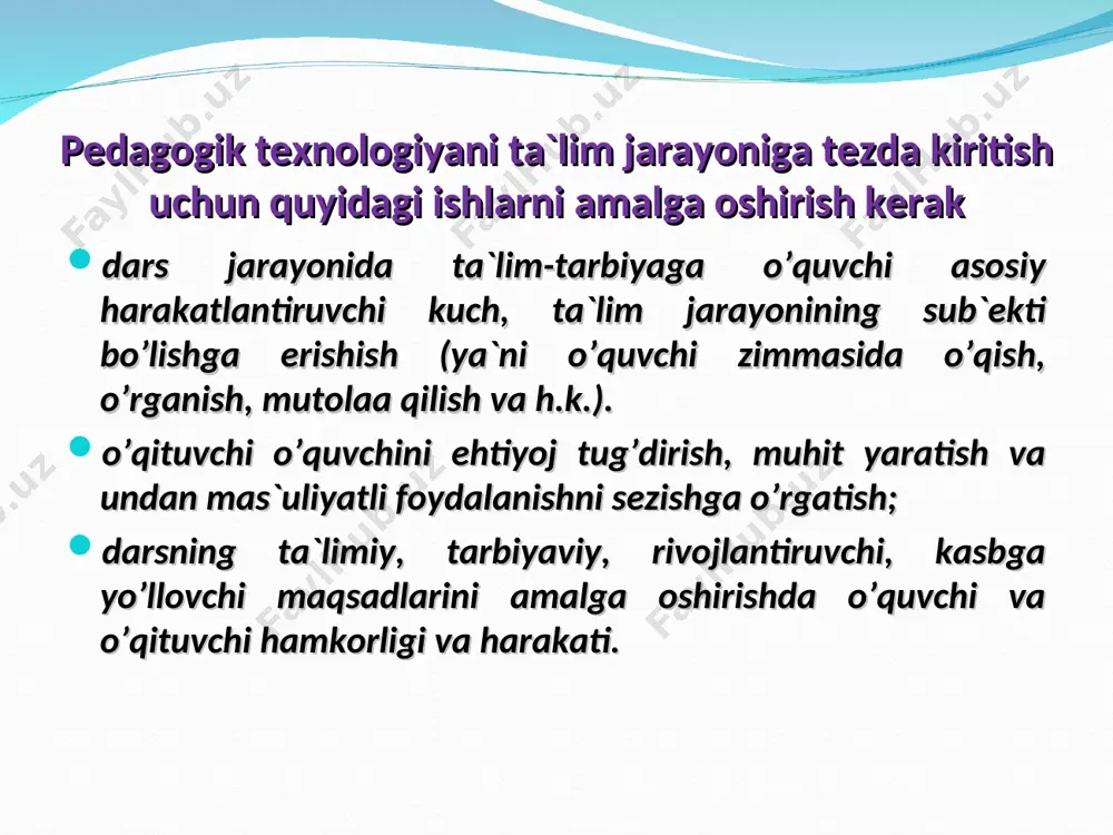 uayyan mavzu bo`yicha yangicha fikr yuritishga chorlaydi. paint tushunchasi bo’yicha klaster paint fayl kengaytmasi bmp jpg tiff gif imkoniyatlari tasvirlarni saqlaydi, nusxa qila oladi, o’chiqa oladi, ocha oladi menyusi fayl pravka vid risunok palitra spravka panel qurollar paneli ranglar paneli qator holati paneli matnlarni tahrirlovchi panel vеnn diagrammasi vеnn diagrammasi. bu usul tushunchalarning ikki yoki undan ortiq tushunchalarni o`ziga xos va umumiy jixatlarin taxlil qilish va umumlashtirishda qo`llaniladi. bunda o`ng va chap aylanalarga tushunchalarning o`ziga xos jihatlari, doiralarning kеsishgan sohasiga esa, ular uchun umumiy bo`lgan jixatlar yoziladi. masalan, «photoshop» va «paint» tushunchalari uchun vеnn diagrammasi quyidagi ko`rinishga ega ega bo`ladi: photoshop umumiy bеlgilar paint xotira hajmi katta bo’lgan dastur dastur lotin harflarida ishlaydi mahsus o’rnatuvchi dastur kerak bo’ladi grafik axborot tahrirlovchi dastur uskunalar va ranglar panellari mavjud tasvirlarni oson tahrirlaydi. kompyuterning oz’ida bo’ladi. ishlash qulay tushunchalar tahlili «tushunchalar tahlili» uslubidan bir darsning o’zida dars boshlanishida o’tgan mavzuni takrorlash, mustahkamlash yoki …