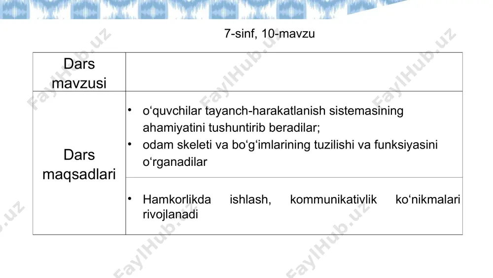 h va tushunishni chuqu rlashtirish vazifasini bajaradi. har bir o‘quvchi umurtqa pog‘onasi, bosh skeleti., ko‘krak qafasi, qo‘l skeleti, oyoq skeleti hamda suyaklarning birikishiga oid darslik matni bilan tanishadi. so‘ng savollar vaqarasidagi savollarga javob topadi. partadoshi bilan javoblarni muhokama qiladi. so‘ng guruhda savollarga javob beradi. 6 1. qo‘l panjasida to‘tta barmoq yonma-yon, bosh barmoq esa ular qarshisida joylashgan. barmoqlarning bunday joylashuvi qanday ahamiyatga ega? 2. arxeologik qazilmalardan birida odam suyagi topilgan. suyak ayol yoki erkakka tegishli ekanini qanday aniqlash mumkin? 8 dars yakunida o‘quvchilardan o‘zini o‘zi baholash varag‘ini to‘ldirish so‘raladi. men … . suyaklarning funksiyasini bayon eta olaman suyaklarning joylashuviga ko‘ra guruhlarga ajrata olaman bo‘g‘imlarning qanday harakatlanishini tushuntirib bera olaman dars haqida fikr-mulohaza berishda “2 rag‘bat, 1 taklif” yondashuvi asosida tashkil etiladi: quyidagi tuzilma asosida yozma yoki og‘zaki tahlil tayyorlanadi: 2 rag‘bat: darsdagi eng yaxshi tomonlar 1 taklif: yaxshilanishi kerak bo‘lgan jihatlar dars tahlili sessiya bo‘yicha savollaringiz… ishtirokingiz uchun rahmat! image9.png …