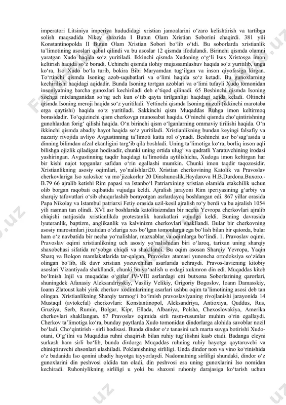 19. isoning tarixiyligi xususida diniy va diniy bo‘lmagan manbalar orasida ixtilof mavjud: xristianlik manbalari isoning o‘zi xudo bo‘la turib, insoniyatning gunoxlarini o‘ziga olish uchun odam qiyofasida tug‘ilganini, uning tarixiy shaxs ekanini ta’kidlab, uning hayot tarzini, insonlar bilan muloqoti haqidagi keng ma’lumotlarni bersada, diniy bo‘lmagan manbalarda isoning nomi uchramaganligini nazarda tutib, u tarixiy emas, balki afsonaviy shaxsdir deguvchilar ham bor. iso nomiga qo‘shiluvchi masix so‘zi qadimiy yaxudiy tili - ivritdagi “moshiax” so‘zidan olingan bo‘lib, “silangan” yoki “siylangan” ma’nolarini beradi. grekchada bu so‘z “xristos” (“christos”) shakliga ega. bu dinning “xristianlik” yoki “masixiylik” deb atalishi ham shu so‘zlar bilan bog‘liq. bundan tashqari xristianlik iso masixning tug‘ilgan qishlog‘i - “nazaret” bilan bog‘lab, nazroniyya deb ham atalgan. keyinchalik bu nom nasroniyya, nasroniylik shaklini olgan. iso masix o‘z ta’limotini o‘zining 12 o‘quvisi apostollar - xavoriylarga o‘rgatdi. ular esa isoning vafotidan keyin ustozlarining ta’limotlarini har birlari alohida-alohida tarzda kitob shakliga keltirdilar. bu kitoblar bibliyaning “yangi axd” qismini …