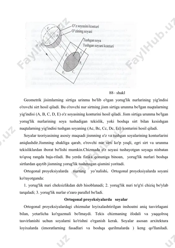 ssavur qilishga imkoniyat beradi. biz soya konturlarini ko'rinishining geometrik uslublarini ko'rib chiqamiz. yorug'lik manbaining fazodagi xolatiga qarab nurlarning yo’nalishi ikki xil bo'lishi mumkin: a) yorug'lik manbai narsadan uncha uzoq bo'lmagan bo'lsa, yorug'lik nurlari kesishuvchi bo'ladi. masalan: lampa yoki fonar bilan yoritilgandagi nurlia (sun'iy yoritish). yorug'lik manbai narsadan juda uzoq masofada joylashgan bolsa, a) yorug’lik manbai narsadan juda uzoq masofada joylashgan bo’lsa, yorug’lik nurlari parallel nurlar deb ataladi. masalan, quyosh yoki oydan kelgan yorug’lik nuri. d) 89– shakl bunda: a,b - fazoviy nuqtalar; s - yorug' lik manbai; ac -a nuqtadan q tekislikka tushgan soya; bc - b nuqtadan q tekislikka tushgan soya; ac bc - ab chiziqdan q tekislikka tushgan soya; q - soyalar tekisligi; sn - yorug' lik nurlarining yonalishi. yorug'lik nuri yoqlari uchta proyeksiya tekisligida joylashgan kubning diogonali bo'yicha yo'nalgan qilib olinadi. kub diogonalining proyeksiy alari kvadratning diogonali bo'lib proyeksiyalanadi. ya'ni har bir yorug'lik nurning proyeksiyasi proyeksiya o'qiga …