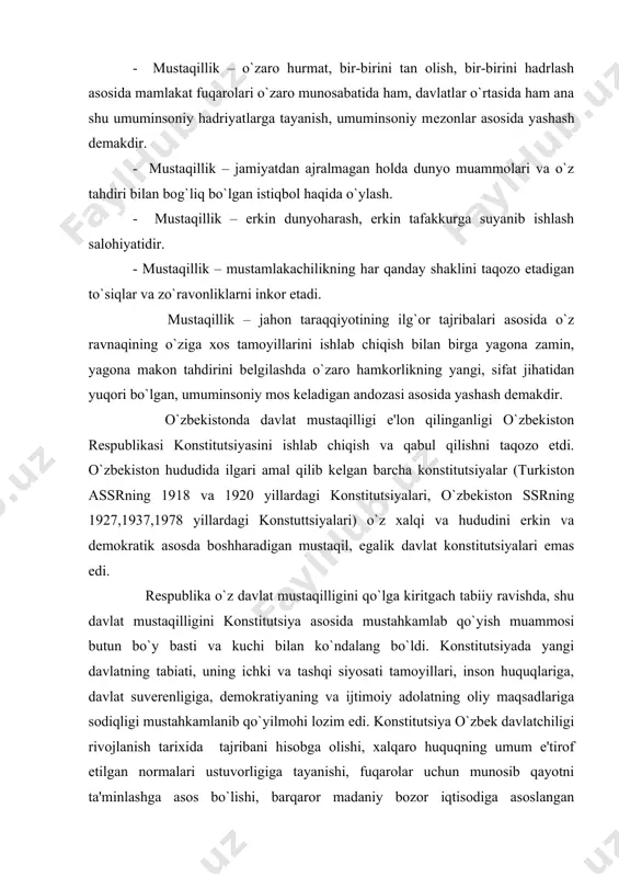 risidagi g`oya xii chaqiriq oliy kengashning 1990 yil martida bo`lib o`tgan birinchi sessiyasidayoq yangragan edi. konstitutsiya ustida olib boriladigan ish printsipi jihatidan mutlaqo yangi, mohiyati e'tibori bilan mustaqil davlatning dastlabki konstitutsiyasi ustida ishlashga aylanib ketishini kamdan-kam kishi qayoliga keltirgan edi. oliy kengashning 1990 yil iyun oyida bo`lib o`tgan ikkinchi sessiyasi respublika prezidenti i.a.karimov raisligida 64 kishidan iborat konstitutsiya komissiyasini tashkil etdi. komissiya tarkibiga viloyatlar va qorahalpog`iston respublikasi rahbarlari, davlat va jamoat arboblari, olimlar va xalq xo`jaligi mutaxassislari kirdi. oliy kengashning 10-sessiyasida konstitutsiya komissiyasi qisman yangilandi. konstitutsiya komissiyasi raisining topshiriqi bo`yicha 1991 yilning boshida konstitutsiya kontsepsiyasi ustida ish boshlandi. respublika fanlar akademiyasi falsafa va huquq institutining kontseptsiyasi siyosatshunoslik va boshharuv instituti kontseptsiyasi hamda prezident devoni yuridik bo`limi tayyorlagan kontseptsiya. ichki guruh majlisida uchinchi kontseptsiya asos uchun qabul qilindi. qolgan ikki guruh kontseptsiyasining diqqatga sazovor g`oyalari bilan boyitilib, umumlashtirilgan puxta yagona g`oyaviy asos shakliga keltirildi. konstitutsiya komissiyasi 1991 yil aprelda bevosita konstitutsiya …