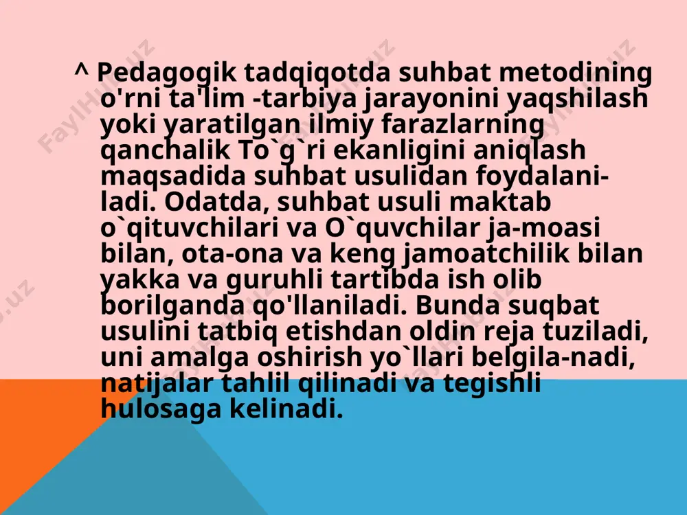 ri boiadi. ^ pedagogik tadqiqotda matematika va kibernetika usiubi «ki-bernetika» so`zi yunon tilidan olingan bo`lib, «rolni bajaraman», «idora etaman» degan ma'nolarni anglatadi. kibernetika ishlab chiqarishni, tehnikani, tirik organizmlarni, kishilik faoliyatini boshqarishning umumiy qoidalarini va vositalarini ishlab chiqadi. uning mazmuni ahborot berish, datsurlashtirish, algoritmlar, bosh-qaruvchi tizim, model yasash singari asosiy nazariyalarda o`zligini namoyon etadi. mazkur usuldan bugungi kunda pedagogikada ham keng foydalanilmoqda. o`qitish nazariyasi, amaliyotida hisoblash matematikasi va kibernetika mashinalari yordamida bir tildan ikkinchisiga tarjima qilish, datsurli ta'lim va uni mashina orqali boshqarish, o`qitishni mutsahkamlash, baholash orqali ta'lim-tarbiya samaradorligini oshirish, differensial va individual ta'lim berish, maktab hisobotini mashinalar yordamida tuzish kabi jarayonlar bajarilmoqda. demak, pedagogika fani o`z mazmunini boyitish va yangilash maqsadida mavjud pedagogik hodisa va jarayonlarni uning maqsadi va vazifalariga muvofiq keladigan usullari bilan o'rganadi. ilmiy-pedagogika tadqiqotlarning tarkibi, unga ilmiy izlanishlarning u yoki bu elementini kiritish bilan bog`liq ravishda har hil o`zgarishlarni boshdan kechirdi. bizningcha, ilmiy-pedagogik tad-qiqotlar tarkibini bir muncha …