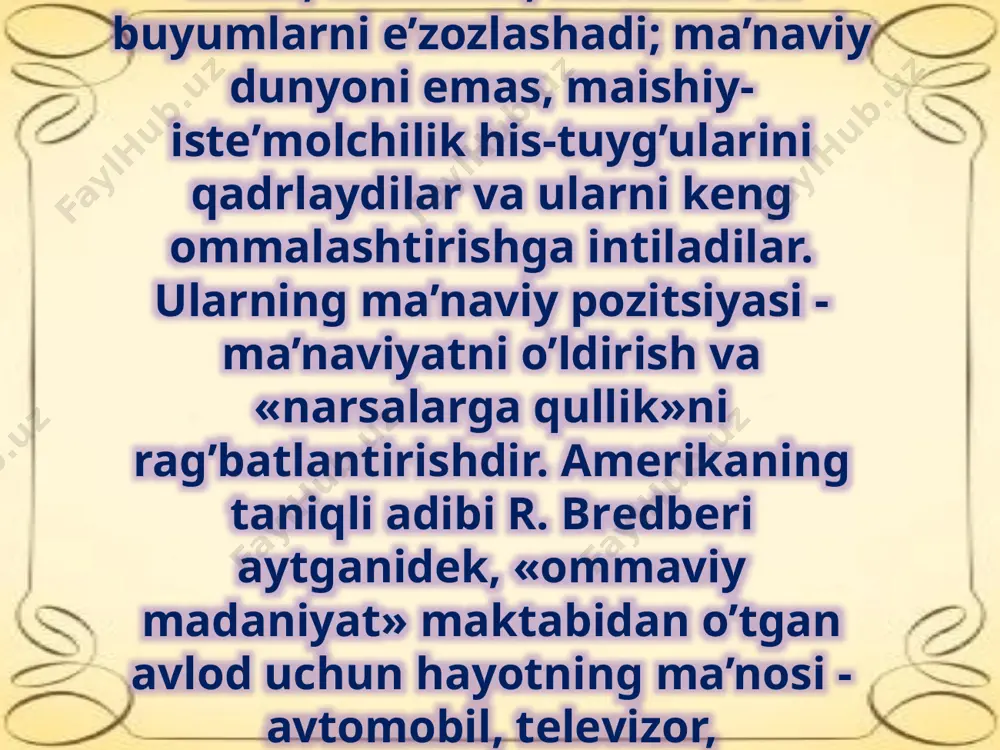 shlar orasida keng tarqalib bormoqda. bu madaniyat vakillarining asosiy qonuni inson doimo o’zini baxtli his etishi, tashqi olamni yani jamiyatni unutgan holda o’z ichki dunyosi bilan yashashi lozim. emo madaniyat bu ommaviy madaniyat turi xx asrning 70-yillarida yuzaga kelgan. bu milliy madaniyatni kemiruvchi illat ham yoshlar orasida keng tarqalgan bo’lib, uning asosiy ko’rinishlari shuki inson ya’ni asosan yoshlar o’z tashqi ko’rinishidan voz kechgan holda tana rangini qora va oqqa bo’yab yurishi, doimo qora rangli libosda yurishi va gotlar go’yalariga asoslangan musiqa, qo’shiq va adabiyotga qiziqishni talab etadi. bu “madaniyat” vakillari asosan o’z vaqitlarini qabristonlarda va qorong’u joylarda o’tkazadilar. gotlar madaniyati. xulosa ushbu taqdimotni tayyorlash davomida shunday xulosaga keldimki milliy ma’naviyat va madaniyat kushandasi bo’lmish bu illatlar xalqimizning necha ming yillik tarixini, urf – odatlarini, milliy ma’naviyati, madaniyati va qadriyatlarini unutilishiga olib kelmoqda. ba’zi bir g’araz niyatli kimsalar ommaviy madaniayt niqobi ostida xalqimiz yoshlarini ongini zaxarlab, ularni fikirlash va ilimga bo’lgan …