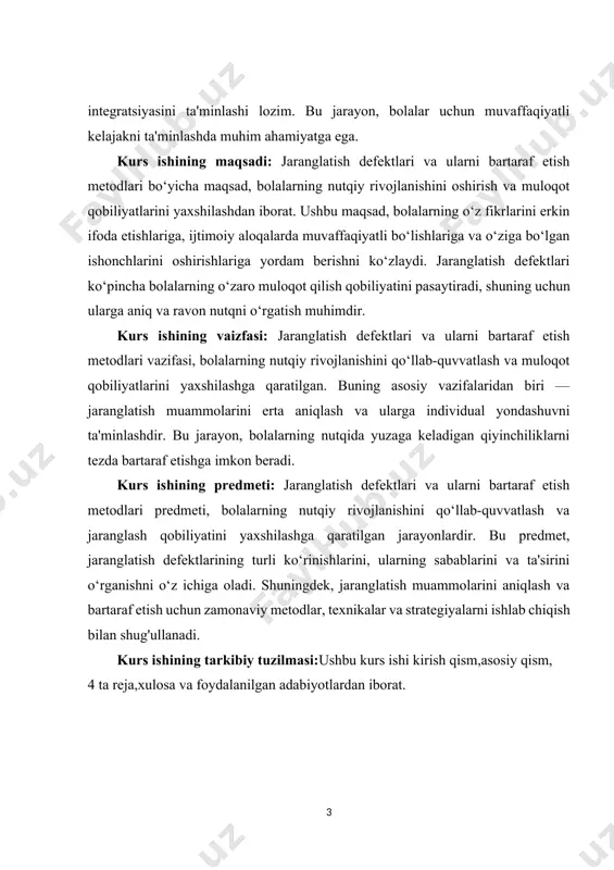 asosiy qism, 4 ta reja,xulosa va foydalanilgan adabiyotlardan iborat. ii. asosiy qism 1. jaranglatish defektlarining umumiy tavsifi. jaranglatish defektlari – bu bolalar nutqida jarangli va jarangsiz tovushlarning noto‘g‘ri talaffuzi yoki ularning almashtirilishi bilan bog‘liq bo‘lgan nutq buzilishlari bo‘lib, ular fonetik rivojlanish jarayonida turli sabablarga ko‘ra yuzaga keladi. ushbu muammo maktabgacha yoshdagi bolalar orasida keng tarqalgan bo‘lib, to‘g‘ri va aniq nutq shakllanishiga salbiy ta’sir ko‘rsatishi mumkin. jaranglatish defektlari bola nutqining muloqotga yaroqliligini pasaytiradi, so‘z boyligi va grammatika qoidalarini o‘zlashtirish jarayonida qiyinchiliklar tug‘diradi va ba’zan psixologik muammolarga ham sabab bo‘ladi. bu defektlarning asosiy sabablari orasida artikulyatsiya apparati mushaklarining yetarlicha rivojlanmaganligi, fonematik eshitishning zaifligi, markaziy yoki periferik asab tizimi buzilishlari, irsiy omillar va nutqiy muhitning yetarlicha rivojlanmaganligi kabi omillar kiradi. ayrim bolalarda bu muammo yengil shaklda namoyon bo‘lib, faqat ayrim tovushlarni noto‘g‘ri talaffuz qilish bilan cheklansa, boshqalarida esa jarangli va jarangsiz fonemalarning butunlay almashinuvi yoki yo‘qolishi kuzatilishi mumkin. masalan, bola “b” va “p”, …