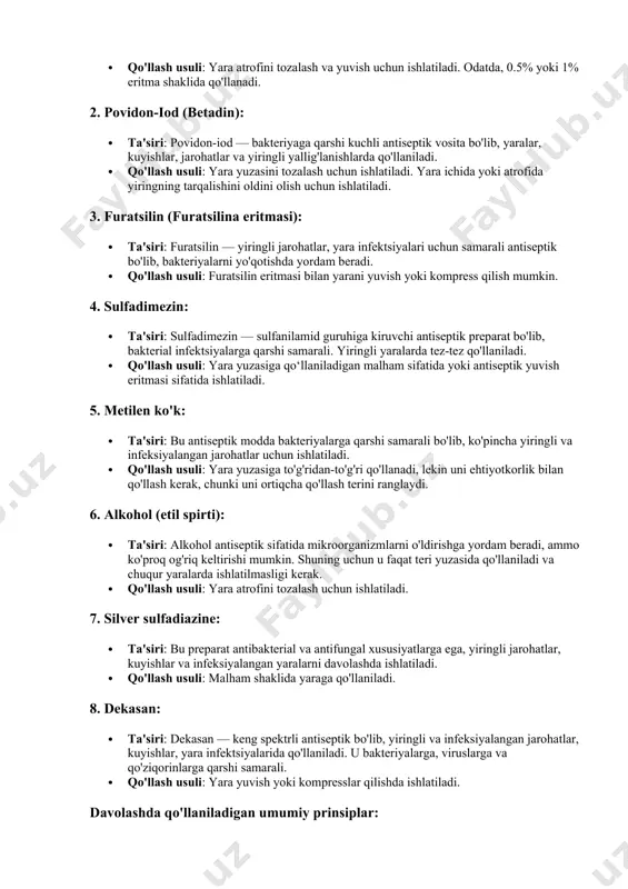 nfektsiya yoki yallig'lanishning alomatidir, bu esa yiringli yallig'lanish yoki infektsiyalangan jarohat ehtimolini ko'rsatadi. 2. qoqsholga qarshi zardob va anatoksin yuborilishi: · bu amallar tetanusga qarshi profilaktika sifatida qo'llaniladi. yara chuqur yoki ifloslangan bo'lsa, tetanus riski yuqori bo'lishi mumkin, shuning uchun tetanusning oldini olish uchun immunizatsiya (zardob va anatoksin) o'tkazilgan. tashxis: · yiringli yoki infektsiyalangan jarohat: jarohat infektsiyalangan, chunki yara atrofidagi teri giperemik (qizargan) va palpatsiya paytida og'riqli. yiringli yallig'lanish rivojlanishi mumkin. · tetanusga qarshi profilaktika: yara ifloslangan bo'lishi mumkin, shuning uchun tetanusga qarshi zardob va anatoksin yuborilgan. shunday qilib, tashxis: infektsiyalangan (yiringli) jarohat, tetanus profilaktikasi bilan. savollar: 1. bunday yaralarni davolash uchun qanday antiseptik vositalardan foydalanish kerak? infektsiyalangan yoki yiringli yaralarni davolash uchun quyidagi antiseptik vositalardan foydalanish kerak: 1. klorheksidin: · ta'siri: klorheksidin — keng spektrli antiseptik vosita bo'lib, bakteriya, virus, qo'ziqorin va ba'zi protozoylarga qarshi samarali. bu vosita yiringli yoki infeksiyalangan yaralarni tozalashda qo'llaniladi. · qo'llash usuli: yara atrofini …