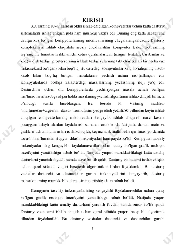 .net muhitidan foydalanamiz. c# dasturlash tili obektgamo’ljallangan dasturlash tili hisoblanadi. kurs ishining dolzarbligi:ushbu kurs ishi hozirgi kunda kompyuterda berilgan masalalarni dasturlash tillari orqali yechish va dasturda turli xildagi operatorlarni yuklab olish va ortiqcha yuklangan operatorlar tushunchalaridan foydalanish kabi vazifalarni o’rganishga olib keladi. mavzuning maqsadi –saralash algoritmlarini o’rganish, c# dasturlash tili yordamida bizga berilgan bir nechta sonlarni turli xil usullarda tartib bo’yicha saralsh ko’rib chiqish. c# dasturlash tilida uni tarixini o’rganish,sonli hisoblash funksiyalari kutubxonasi bilan ishlash va sonli hisoblash funksiyalarini yuklab olish haqida tushunchalar olish. kurs ishining asosiy vazifalari: • saralash algoritmlarini o`rganish. • saralash algoritmlarini c# dasturida amalga oshirish. • c# dasturlash tilining tarixi va axamiyatini o’rganish; • c# dasturlash tilining o’ziga xos xususiyatlarini tahlil qilish; kurs ishining obyekti: c# dasturlash tili bilan yaqindan ishlash, u haqida to’liq ma’lumot berish va uni amalda qo’llash. kurs ishining predmeti: c# dasturlash tilini keng targ’ib qilish. i.bob.c# dasturlash tiliga kirish va uning asoslari. …