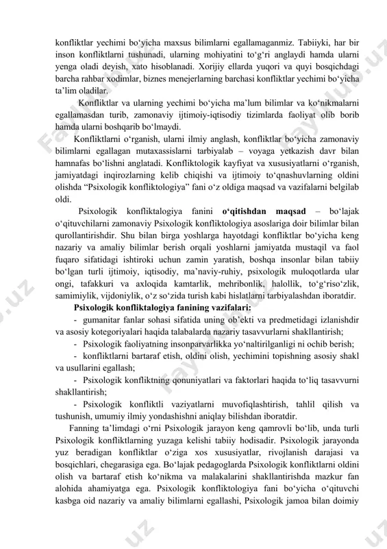 ktlardan o‘zini tortishni bizga bolaligimizdan o‘rgatib kelishadi. konflikt oldida, konfliktdan qo‘rqish hollari ko‘pchilikni tashkil qiladi. bizni bolaligimizdan konfliktli vaziyatlardan o‘zimizni tortishga, “janjalkash” bo‘lmaslikka, nizolarni keltirib chiqargan va unda qatnashgan odamlardan o‘zimizni tortib yurishga o‘rgatishadi. konflikt – bizning milliy mentalitetimizda “yaxshi” bo‘lmagan holat va vaziyatga tenglashtiriladi. konflikt bo‘lganidan ko‘ra, konflikt bo‘lmaganini biz afzalroq ko‘ramiz. biz konfliktni hayotimizdagi eng “yomon” davr sifatida baholaymiz. konfliktdan uzoqroqda yashash ko‘nikmalari bizning tafakkurimizga chuqur singdiriladi. konflikt har kunlik hayot tarzimizga hos bo‘lgan voqelik bo‘lishiga qaramay, insonlar ko‘pincha ularni noto‘g‘ri talqin etadi hamda ularni “anglangan” holda qabul qilishga o‘rgatilmaydi. konfliktli vaziyatga tushib qolgan vaqtimizdagina mana shu konfliktli vaziyatni tahlil qilishga urinamiz. ammo har doim ham bizning bilim va ko‘nikmalarimiz konfliktli vaziyatdan chiqib ketish uchun yetarli bo‘lmaydi. chunki bizning hayotiy tajribamiz kam, chunki biz konfliktlar yechimi bo‘yicha maxsus bilimlarni egallamaganmiz. tabiiyki, har bir inson konfliktlarni tushunadi, ularning mohiyatini to‘g‘ri anglaydi hamda ularni yenga oladi deyish, xato hisoblanadi. xorijiy …