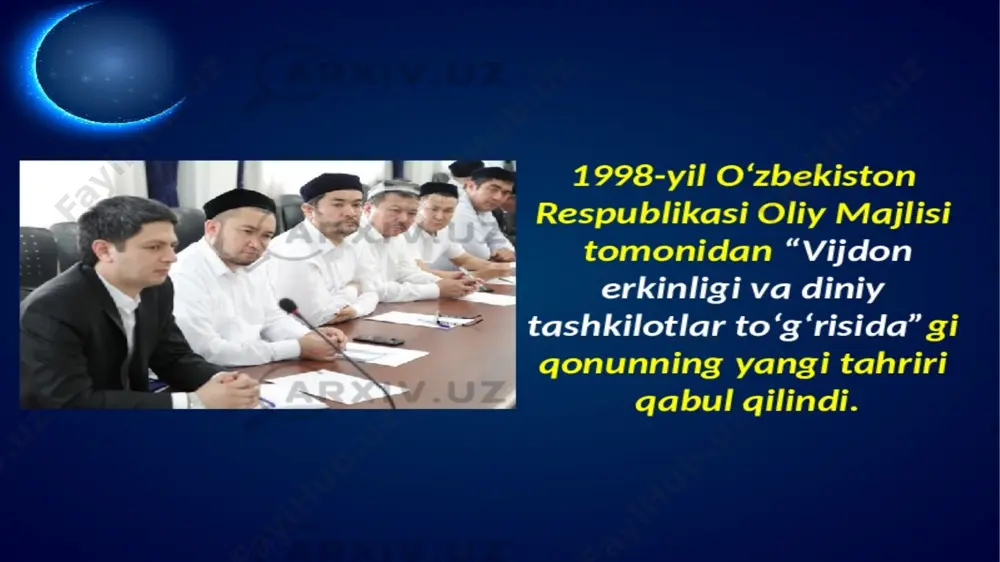 spublikamizda tuziladigan diniy tashkilotlar ustav (nizom)i o‘zbekiston respublikasi adliya vazirligi yoki uning joylardagi organlarida ro‘yxatdan o‘tkazilgandan so‘ng, yuridik shaxs maqomiga ega bo‘lib, qonunchilikda belgilangan tartibda o‘z faoliyatini olib borishi mumkin. respublikamizning «vijdon erkinligi va diniy tashkilotlar to‘g‘risdagi» qonuni va «o‘zbekiston respublikasida diniy tashkilotlarni davlat ro‘yxatidan o‘tkazish tartibi to‘g‘risida» vazirlar mahkamasi qarori asosida diniy tashkilot tuzish uchun to‘rtta muhim shartga amal qilish kerak. unga ko‘ra diniy tashkilot tuzish uchun tashabbuskorlar 18 yoshga to‘lgan bo‘lishlari lozim. bu holat deyarli barcha davlatlarning qonunchiligida mustahkamlangan qoida bo‘lib, shaxs 18 yoshga to‘lgach o‘z xatti-harakatining mazmun-mohiyatini to‘liq anglab etadi va sudda da’vogar va javobgar bo‘lish huquqiga ega bo‘ladi. image6.jpeg image7.png image8.png image9.png image10.png image11.png image12.png image13.jpeg image2.png image3.png image4.png image5.png /docprops/thumbnail.jpeg