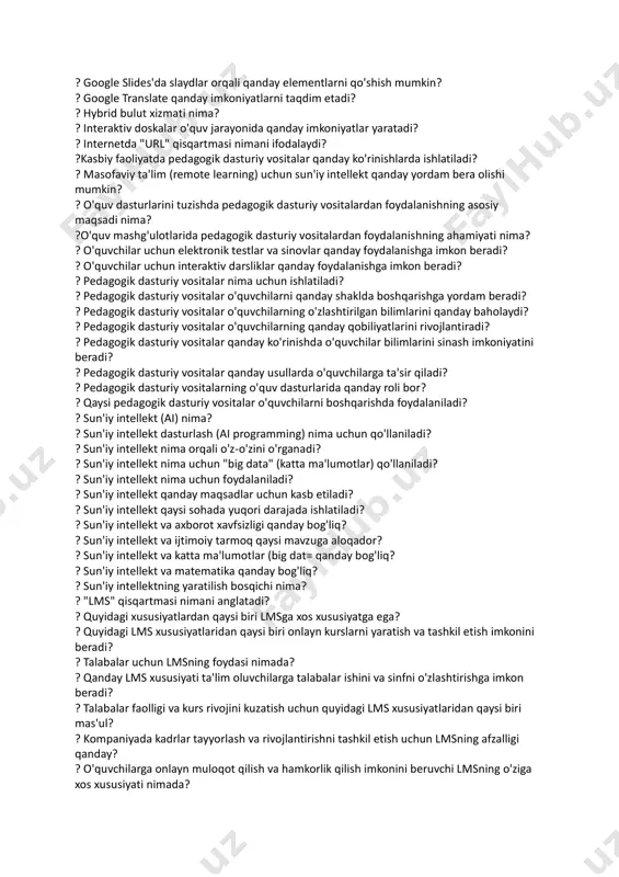 imaga mo'ljallangan? ? google keep nimaga mo‘ljallangan? ? google meet'da qanday qilib video konferentsiya o'tkazish mumkin? ? google photos nimaga mo‘ljallangan? ? google sheets nimaga ishlatiladi? ? google sheets'da qaysi turdagi ma'lumotlarni tahlil qilish mumkin emas? ? google sites nimaga mo'ljallangan? ? google sites sayti yaratish uchun qanday asosiy imkoniyatlardan foydalaniladi? ? google slides qanday imkoniyatlarni taqdim etadi? ? google slides'da slaydlar orqali qanday elementlarni qo'shish mumkin? ? google translate qanday imkoniyatlarni taqdim etadi? ? hybrid bulut xizmati nima? ? interaktiv doskalar o'quv jarayonida qanday imkoniyatlar yaratadi? ? internetda "url" qisqartmasi nimani ifodalaydi? ?kasbiy faoliyatda pedagogik dasturiy vositalar qanday ko'rinishlarda ishlatiladi? ? masofaviy ta'lim (remote learning) uchun sun'iy intellekt qanday yordam bera olishi mumkin? ? o'quv dasturlarini tuzishda pedagogik dasturiy vositalardan foydalanishning asosiy maqsadi nima? ?o'quv mashg'ulotlarida pedagogik dasturiy vositalardan foydalanishning ahamiyati nima? ? o'quvchilar uchun elektronik testlar va sinovlar qanday foydalanishga imkon beradi? ? o'quvchilar uchun interaktiv darsliklar qanday …