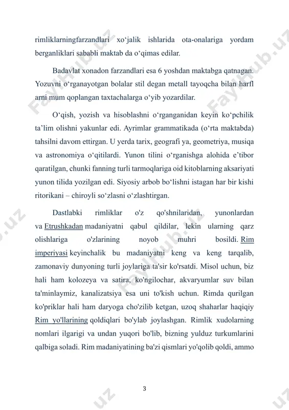 islik mo''jizalari bilan mashhur bo'lib, ular orasida ko'plab shaharlarni suv bilan sug'oradigan suvi bor, ular aholi uchun nisbatan xavfsiz, ichimlik suvi va suv to'plash uchun suv bilan ta'minlanadi. 2..me’morchilik, san’at, va ta’lim. me’morchilik va haykaltaroshlik qadimgi rim sanʼati apenin yarimorollaridagi koʻpgina xalqlar, jumladan, etrusklar, keyinroq rim bosib olgan yerlardagi boshqa xalqlar sanʼati taʼsirida rivoj topdi. uning ravnaqiga, ayniqsa, grek sanʼati kuchli taʼsir oʻtkazdi. lekin rimliklar oʻzga xalqlar sanʼatini oʻzlashtirib, oʻrganib, uni ijodiy boyitdilar, shu sanʼat anʼanalarini rivojlantirib, uning yangi tur va janrlarini ham vujudga keltirdilar. rimdagi tarixiy sharoit, ijtimoiy tuzum xarakteri sanʼatning gʻoyaviy yoʻnalishini belgilashda muhim rol oʻynadi. rim sanʼatida meʼmorchilik yetakchi oʻrinni egalladi. unda davlatning kuchqudrati tarannum etildi. rimliklar koʻpchilikka moʻljallangan muhtasham binolar qurdilar. bunday xarakterdagi binolar bu davr uchun yangilik boʻldi. meʼmorchilikda rimliklaming aql-zakovati yaqqol namoyon boidi. bu meʼmorchilik etrusk va yunon, qisman qadimgi sharq meʼmorchiligi sanʼati anʼanalariga tayangan holda rivojlangan. uni yangi uslublar bilan boyitdilar. ayniqsa, rimliklar …