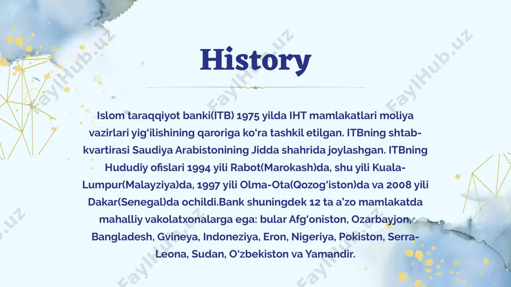 xo‘jaligi va infratizilma loyihalarini moliyalashtirish uchun qarzlar beradi. ushbu loyihalar ustuvor hisoblanadi va a’zo-mamlakatlar ijtimoiy va iqtisodiy rivojlanishiga sezilarli ta’sir ko‘rsatadi. itb faoliyatining asosiy yo‘nalishlari tashkil topgan vaqtidan boshlab itb moliyalashtirgan mablag‘lar umumiy hajmi 2013 yilning oxiri holatiga 97,8 mlrd.dollarni tashkil etdi, undan 46,9 mlrd.dollari(48%) loyihaviy moliyalashtirishga, 49,8 mlrd.dollari savdoni moliyalashtirishga va 0,7 mlrd.dollari(1%) maxsus yordam uchun yo‘naltirildi. e’tiboriz uchun rahmat! your group image1.png image2.png image3.png image4.svg image5.png image6.png image7.svg image8.png image9.jpeg image10.png image11.jpeg image12.jpeg image13.png image14.svg /docprops/thumbnail.jpeg