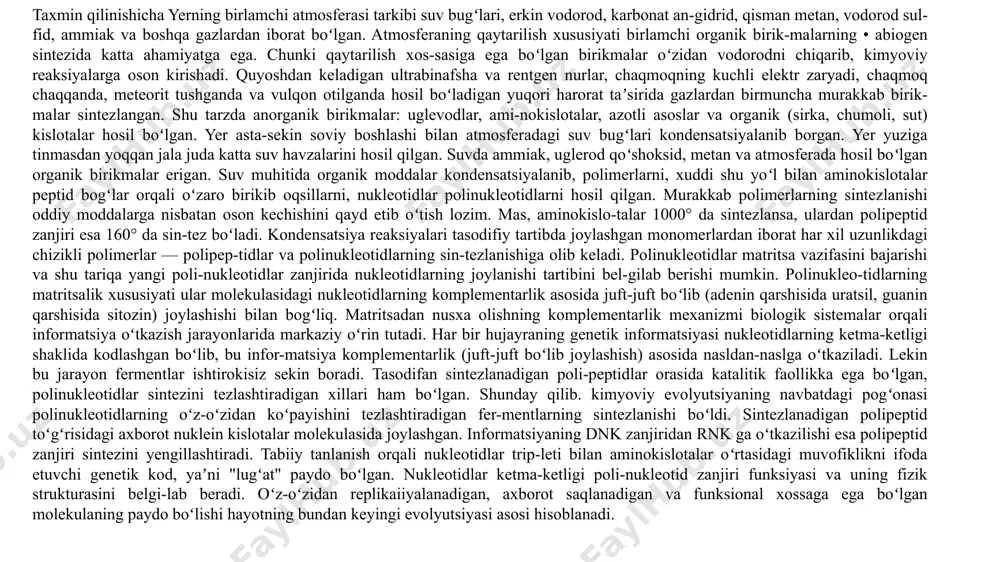 biontlar geterotrof boʻlib, oziq moddalar sintezlamagan. ular birlamchi okean suvidagi organik birikmalarni oʻzlashtirgan. getero-trof probiontlarning hozirgi anaerob prokariotlarga oʻxshaganligi taxmin qilinadi. geterotrof organizmlar birlamchi okean suvidagi organik birikmalarni oʻzlashtirgan. geterot-rof organizmlarning koʻpayishi bilan birlamchi okean suvidagi organik moddalar kamayib borgan. ana shunday sharoitda anaerob probiontlarda atmosferadagi karbonat angidrid (s02) va azot (n1,) ni kimyoviy va quyosh nuri energiyasi yordamida oʻzlashtirish xususiyati paydo boʻlgan. ana shu tariqa xemosintez va fotosintez qiluvchi organizmlar kelib chiqqan. dastlabki fotosintetik organizmlar sianobakteriyalar — koʻk-yashil suvoʻtlar boʻlgan. sianobakteriyalarning bu xususiyati tufayli hozirgi ham atmosferadagi so, va m2gazlari ancha koʻp miqdorda organik birikmalar shaklida biosferaga oʻtadi. erkin molekulyar kislorodning paydo boʻlishi atmosferaning yuqori qatlamlarida ozon ekranining hosil boʻlishiga olib kelgan. ozon ekrani barcha tiriklik uchun zararli boʻlgan ultrabinafsha nurlarning yer yuzasiga oʻtishiga yoʻl qoʻymaydi. atmo-sferada erkin kislorodning paydo boʻlishi organizmlarning bundan keyingi evolyutsiyasida juda katta ahamiyatga ega boʻldi. ammo erkin kislorod anaerob prokariotlarga juda zaharli taʼsir koʻrsatadi. …