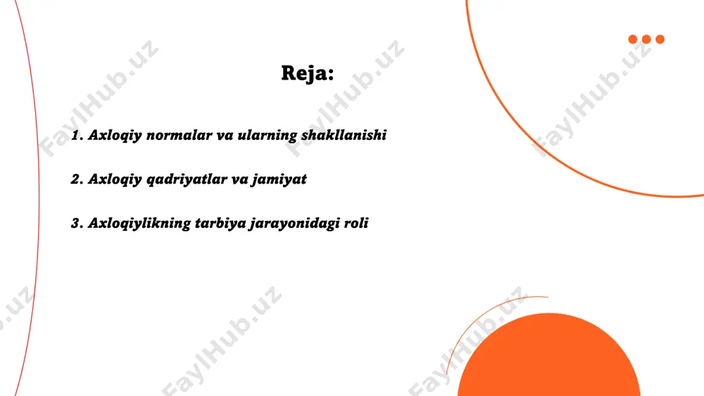 s’uliyat, hurmat va adolat tuyg‘ulari rivojlanadi. odatda, axloqiy tarbiya oila va maktab orqali amalga oshiriladi, va har ikkisi ham insonning axloqiy rivojlanishiga 50% dan ortiq hissa qo‘shadi. shu sababli, axloqiylikning ta’lim va tarbiyadagi o‘rni e’tiborsiz qoldirilmasligi kerak. ... t.me/slaydai_bot 4. axloqiy mas'uliyat va uning o‘ziga xosligi axloqiy mas'uliyat insonning jamiyat va atrof-muhit oldidagi majburiyatlarini anglashidan kelib chiqadi. bu mas'uliyat shaxsiy qarorlar va harakatlarda etika me'yorlariga rioya qilishni talab etadi. axloqiy mas'uliyatning o‘ziga xosligi shundaki, u shaxsning ichki dunyosiga bog‘liq bo‘lib, kishilarning o‘zaro munosabatlarida halollik, adolat va hurmatni ta'minlaydi. ba'zi tadqiqotlar shuni ko‘rsatadiki, axloqiy mas'uliyatga ega bo‘lgan insonlar jamiyatdagi ijtimoiy muammolarga ijobiy ta'sir ko‘rsatadi. bu mas'uliyat, shuningdek, turli kasb va sohalarda muhim rol o‘ynaydi, chunki u mehnat jarayonida halollik va xavfsizlikni ta'minlashga yordam beradi. ... t.me/slaydai_bot axloq va din mavzusi inson hayotidagi muhim masalalardan biridir. axloqiy me'yorlar ko'pincha diniy ta'limotlar asosida shakllanadi. ko'p dinlarda axloqiy qoidalar insonlarning yaxshi yashashi va jamiyatning …