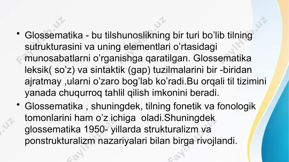 ning yondashuvi strukturalizga asoslangan bo’lib, tilni bir butun sifatida o’rganishni maqsad qiladi.u tilning qismlarini bir- biri bilan bog’lab tahlil qilishni ko’zda tutadi. l. elmslev f. de .sossyurning til va nutq antinomiyasiga munosabat bildirar ekan , u nutqni individual jarayon( akt) sifatida tushunib, unga sxema - til sxemasi, norma- til normasi va uzus - til uzusini zid qo’yadi. sxema - til sxemasi o’zining ijtimoiy amalga oshirish va moddiy voqealanishiga bog’liq bo’lmagan alohida sof normadir. l. elmslev konkret , idividual nutq aktining til uzusi bilan yaqindan zich aloqada ekanligini , uning til uzusi bilan tilning moddiy jihatini tashkil qilishini alohida qayd etadi. glossematiklarning g’oyaviy rahbari l.elmslev f. de sossyurning ta’imotidagiifodalanuvchi va ifodalovchi antinomiyani - ushbu terminlarni mazmun plani va ifoda plani terminlari bilan almashtiradi. xulosa shundan iboratki, glossematika, tilshunoslikda muhim o’rin egallagan va elmslevning ishlari lingvistika va ijtimoiy fanlarda chuqur ta’sir ko’rsatgan. bu maktab , tilni tizimli ravishda tahlil qilish orqali inson …