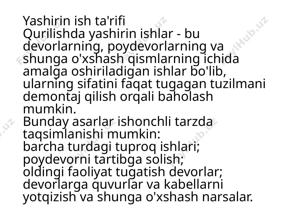 h sanasi; ishlatilgan materiallarning nomi, sifat sertifikatlari ko'rsatilgan holda; dizayn-smeta hujjatlaridan chetga chiqish, kim tomonidan va qachon kelishilganligi; qulning boshlanishi va tugash sanasi.; komissiya qarori; komissiya a'zolarining imzolari. asosan, qurilish va o'rnatish paytida yashirin ishlar quyidagilarni o'z ichiga oladi. yer ishlari. poydevor bilan operatsiyalar. gidro, issiqlik va ovoz yalıtımı. elektr simlarini, turli quvurlarni, kommunikatsiyalarni yotqizish boshqa ish turlari kabi. amalga oshirilgan operatsiyalarning ishonchliligi va sifatini aniqlash uchun komissiya tuziladi, uning tarkibiga mijoz va pudratchining tomonlaridan tashqari tegishli mutaxassislar, mutaxassislar kiradi. bu kelajakda ushbu ob'ektning xavfsizligini ta'minlash uchun zarurdir. taqdim etilgan barcha materiallarni o'rganib chiqib, keyinchalik yashiringan joylarni o'rganib chiqqach, uning a'zolari sifatni yoki yo'qligini tasdiqlagan holda ularni qabul qiladilar. natijada yashirin ish akti sifatida rasmiylashtiriladi, uning shakli tashkilotlar tomonidan mustaqil ravishda ishlab chiqilishi mumkin. ushbu shakl, shuningdek, yashirin ishlarning ekspertizasi guvohnomasi deb ataladi. bajarilgan ishlarni qabul qilish dalolatnomasi (analogi: bajarilgan ishlarni qabul qilish dalolatnomasi, bajarilgan ishlarni qabul qilish dalolatnomasi, ko'rsatilgan …