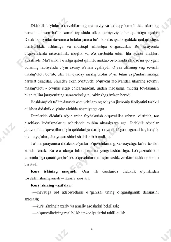 rsatadi. shuning uchun ham bu davrda, avvalo, ta‘lim jarayonini qiziqarli, ta‘sirli qilib tashkil etishga, motiv hosil qilish va uni rivojlantirishga e‘tibor qaratish lozim. chunki bu muddat bolaning oʻyin faoliyatidan aqliy faoliyatga, ya‘ni oʻquv faoliyatiga oʻtganligi bilan xarakterlanadi. bolaning oʻquv faoliyatini rivojlantirishda turli oʻyinlardan foydalanish katta ahamiyat kasb etadi. bolalar oʻyin orqali oʻz bilimlarini mukammallashtiradilar va uni chuqur oʻzlashtiradilar. shu jihatdan qaraganda, ta’lim jarayonida qoʻllanadigan didaktik oʻyinlaming roli beqiyosdir[footnoteref:1]. [1: qodirova d. – tilshunoslik va o‘qitish metodikasi. – buxoro: ilm ziyo, 2017.] didaktik oʻyinlar ta’lim jarayoni samaradorligini oshiradi, ta’lim jarayonida oʻquvchilar faolligini, oʻqish motivlarini rivojlantiradi. o‘qish motivlari ta‘lim jarayonini pedagogik texnologiyalar asosida tashkil etishda ham muhim oʻrin tutadi. didaktik oʻyinlar boshlangʻich sinflarda ta‘limning samarali borishiga oʻquvchilarning oʻquv-bilish faoliyatini muvaffaqiyatli boshqarishga ham katta yordam beradi, ya‘ni didaktik oʻyinlar vositasida nazariy bilimlar oson egallanadi, oʻquvchilarning bilim olishga qiziqishlari ortadi. didaktik oʻyinlar nafaqat boshlangʻich sinflarda, balki ta‘limning keyingi bosqichlarida ham oʻquvchilarning bilimga boʻlgan ishtiyoqlari …