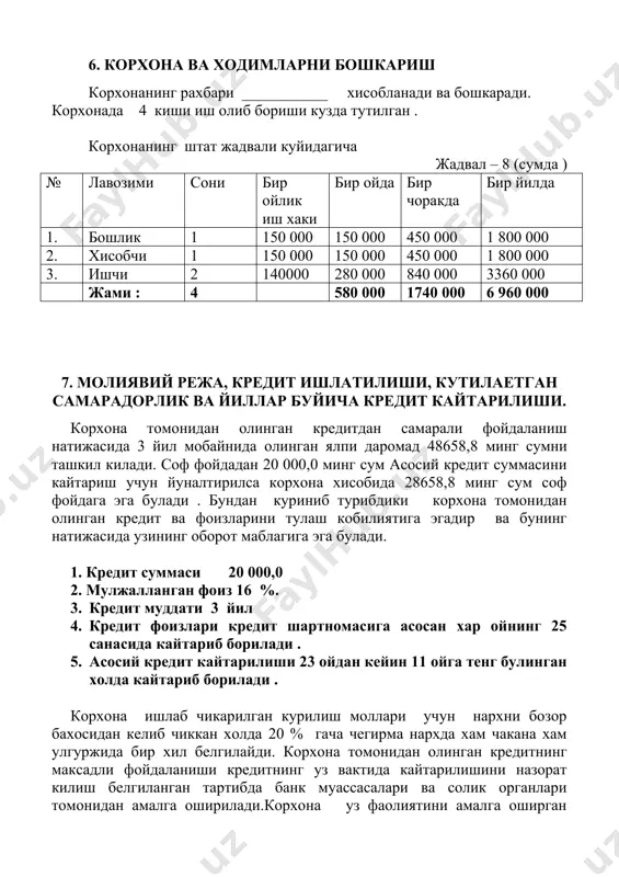 олиш учун мулжаллангандир. 9. кредит суммаси суралаётган 20 000,0 минг сум микдоридаги кредит суммаси 2011 йил 2- чорак июл ойи бошида олиниши режалаштирилган , асосий кредитни кайтариш икки йилдан кейин ойларга тенг булинган холда кайтариб бориш кредит фоиз туловлари хар ойда бир марта тулаш амалга оширилади . 10. х у л о с а банкнинг хамкорликдаги фаолияти, кредит маблаги бериш кафолати натижасида, ушбу маблагнинг уз вактида берилиши , унинг уз вактида ва максадли фойдаланиши, ишлаб чикариш хизмати курсатиш , ишчи кучи етарли булгани холда.корхона олинган кредит маблагининг устамаси билан уз вактида кайтариш имкониятига эгадир. ушбу маблагдан фойдаланиш натижасида уз айланма маблагига эга булади, хизмат курсатиш оркали ахолининг ушбу хизмат турларига булган талаби нисбатан кондирилади . бу эса республикамизда , жумладан сурхондаре вилоятида урта ва кичик бизнесни ривожлантиришда салмокли хисса кушганимиз булади. лойихани ишлаб чикди « ___________ » хусусий корхонаси рахбари : ___________