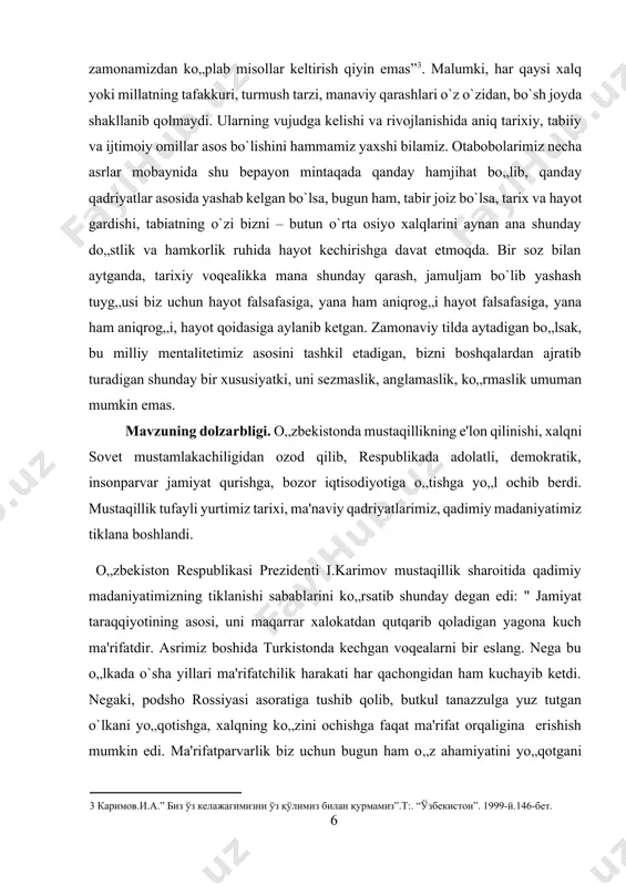safarbarlikka davat etadi, jamiyatni yanada birlashtiradi. o„z milliy g„oyasi milliy mafkurasiga ega davlat mustahkam, qudratli va obod bo„ladi.” 6 deb aytgan edi. chorizm mustamlakasi davrida ma'rifat g„oyasini baland ko„tarib chiqqan jadid bobolarimizning faoliyati bunga yana bir yorqin misol bo„la oladi. mahmudxo`ja bexbudiy, munavvarqori, abdulla avloniy, ishoqxon ibrat, abdurauf fitrat, abdulla qodiriy, abdulhamid cho„lpon, usmon nosir kabi yuzlab ma'rifatparvar, fidoyi insonlarning o`z shaxsiy manfaati, huzur-xalovatidan kechib, el-ulus manfaati, yurtimizni taraqqiy toptirish maqsadida amalga oshirgan ezgu ishlari avlodlar xotirasidan aslo o`chmaydi7. prezident islom karimov ta`lim va tarbiya hususida “ta'limni tarbiyadan, tarbiyani esa ta'limdan ajratib bo`lmaydi - bu sharqona qarash, sharqona hayot falsafasi. bu haqda fikr yuritganda, men abdulla avloniyning "tarbiya biz uchun yo hayot - yo mamot, yo najot - yo halokat, yo saodat - yo falokat masalasidir" degan chuqur ma'noli so`zlarini eslayman. buyuk ma'rifatparvar bobomizning bu so„zlari asrimiz boshida millatimiz uchun qanchalar muhim va dolzarb bo`lgan bo`lsa, hozirgi vaqtda ham biz …