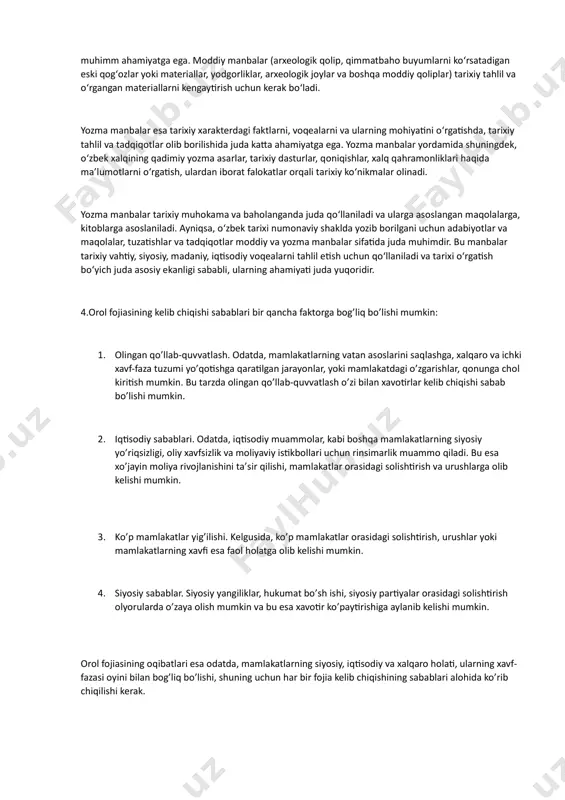iklarini muhofaza qilish, oʻrgatish va ulardan foydalanish. 3. oʻzbekistonning oʻzining chet elda, xalqaro xalqaro dunyo bilan bogʻliqlik muammolari bilan bogʻliq boʻlgan yangi urushlar va siyosiy jarayonlarni tahlil qilish. 4. oʻzbekistonning bugungi kunda madaniy, iqtisodiy va siyosiy rivojlanish jarayonlarini oʻrgatish orqali, xalqaro xalqaro aloqalar va munoqotalar tizimida oʻzbekistonning oʻrni va rolini oʻrganish. bu fan oʻquv dasturida oʻzbekiston yangi tarixini chuqur tahlil qilish, uning asosiy jarayonlarini muhumligini anglab tushuncha rivojlanadi va koʻrsatiladi. 3.oʻzbekiston tarixini oʻrganishda moddiy va yozma manbalarning ahamiyati juda yuqori. o‘zbekiston tarixi o‘rganilganda, arxivlar, yozuvlar, rishtalar, fermanlar, asarlar va digan nashrlar keng qamrovda muhimm ahamiyatga ega. moddiy manbalar (arxeologik qolip, qimmatbaho buyumlarni ko‘rsatadigan eski qog‘ozlar yoki materiallar, yodgorliklar, arxeologik joylar va boshqa moddiy qoliplar) tarixiy tahlil va o‘rgangan materiallarni kengaytirish uchun kerak bo‘ladi. yozma manbalar esa tarixiy xarakterdagi faktlarni, voqealarni va ularning mohiyatini o‘rgatishda, tarixiy tahlil va tadqiqotlar olib borilishida juda katta ahamiyatga ega. yozma manbalar yordamida shuningdek, o‘zbek xalqining …