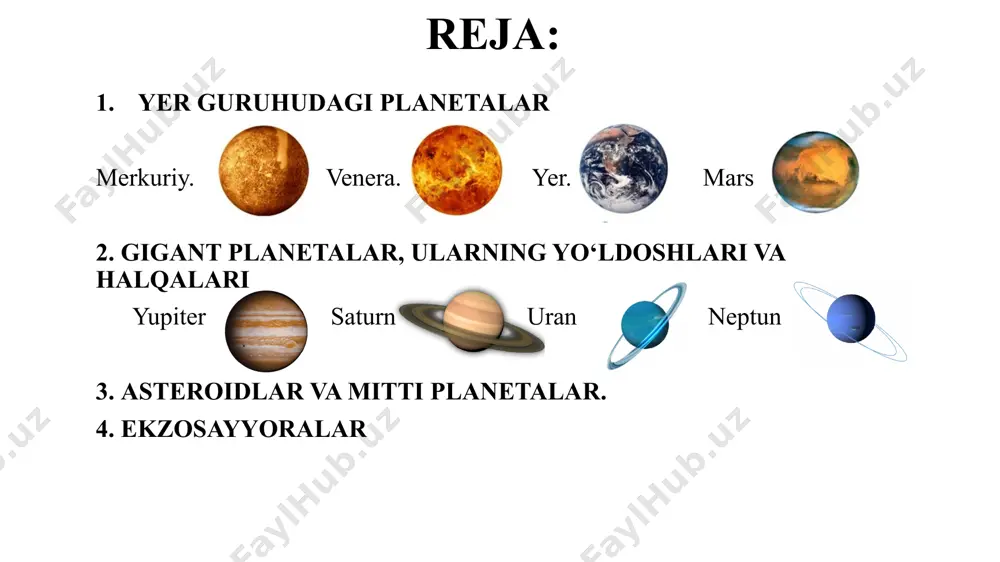 56 min 4 sek quyosh atrofida aylanish davri: 365,2422 sutka orbital tezligi: 30 km/sek yo‘ldoshlari: oy o‘qining og‘maligi: 23o27' 20-30 kilometr chamasi balandlikda joylashgan ozon qatlami, quyoshning qisqa to‘lqinli ultrabinafsha nurlarini kuchli yutib, barcha tirik jonivorlarni, jumladan, odamzodni bunday nurlarning xavfli ta’siridan asraydi. atmosferaning 21% ga yaqinini kislorod, taxminan 78 % ini azot, qolgan qismini esa boshqa gazlar: argon, karbonat angidrid va suv bug‘lari tashkil qiladi. oy nomi: oy yerdan uzoqligi: 384400 km diametri: 3476 km zichligi: 3,3 g/sm3 massasi: 7,35·1022 kg siderik davri: 27 sutka 7 soat 43 min 11,5 sek (27,32 sutka) sinodik davri: 29 sutka 12 soat 44,0 min (29,53 sutka) orbital tezligi: 1,023 km/sek o‘qining og‘maligi: 23o27' oy osmonining ajoyib hodisalaridan yana biri planetamiz yerning ko‘rinishidir. yer chiroyli, ko‘kimtir shar shaklida, oyning osmondagi ko‘rinishidan to‘rt martacha katta ko‘rinadi. yer ham osmonda oy kabi turli fazalarda ko‘rinadi. bu holat uning quyoshga nisbatan oyning qaysi tomonida turganiga bog‘liq …
