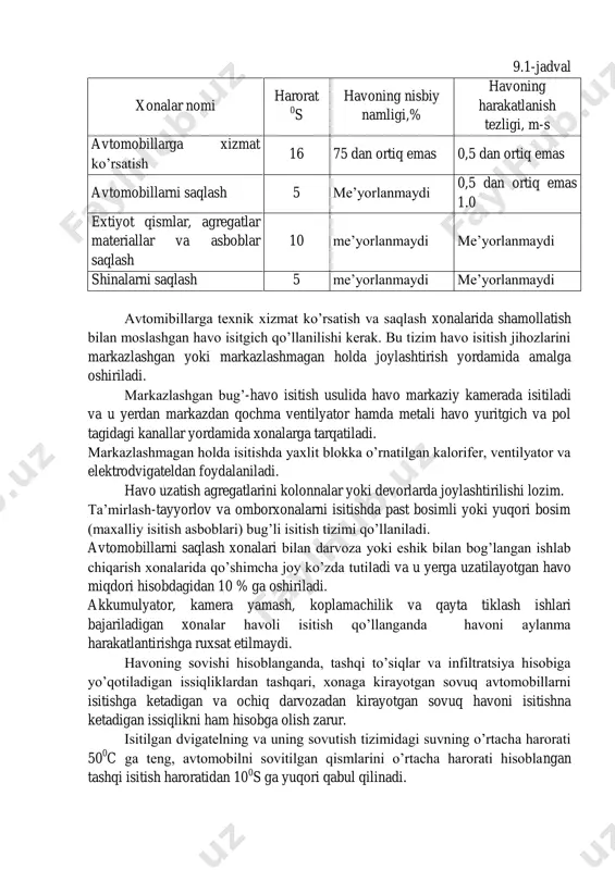 i. isitish, shamollatish va siqilgan havo ta’minoti issiqlik ta’minoti. korxonaning inshootlarini isitishni loyihalanayotganda xonalardagi havoning hisoblangan parametrlari 9.1-jadvaldagi miqdorlarda qabul qilinadi. ishdan tashqari vaqtda hamma xonalarda iliq haroratni ushlab turish uchun navbatchi isitgich ko’zda tutilishi kerak. isitish tizimini ishdan tashqari vaqtda navbatchi isitishga o’tkazishni imkoni boricha avtomatlashtirish lozim. 9.1-jadval xonalar nomi harorat 0 s havoning nisbiy namligi,% havoning harakatlanish tezligi, m-s avtomobillarga xizmat ko’rsatish 16 75 dan ortiq emas 0,5 dan ortiq emas avtomobillarni saqlash 5 me’yorlanmaydi 0,5 dan ortiq emas 1.0 extiyot qismlar, agregatlar materiallar va asboblar saqlash 10 me’yorlanmaydi me’yorlanmaydi shinalarni saqlash 5 me’yorlanmaydi me’yorlanmaydi avtomibillarga texnik xizmat ko’rsatish va saqlash xonalarida shamollatish bilan moslashgan havo isitgich qo’llanilishi kerak. bu tizim havo isitish jihozlarini markazlashgan yoki markazlashmagan holda joylashtirish yordamida amalga oshiriladi. markazlashgan bug’-havo isitish usulida havo markaziy kamerada isitiladi va u yerdan markazdan qochma ventilyator hamda metali havo yuritgich va pol tagidagi kanallar yordamida xonalarga tarqatiladi. markazlashmagan …