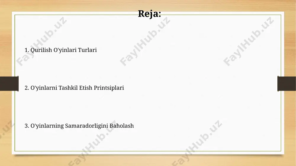 natsiyalarini o'rganishni o'z ichiga oladi. istiodadli bolalar uchun o'yinlar “istiodadli bolalar uchun o'yinlar”da 5 yoshdan 7 yoshgacha bo'lgan bolalar uchun mo'ljallangan 15 ta turli xil konstruktor o'yinlari mavjud bo'lib, ularning har biri bolaning nozik motorikasi va fazoviy tafakkurini rivojlantirishga qaratilgan. o'yinlar to'plami, 20 dan ortiq turli xil geometrik shakllar va elementlardan iborat bo'lib, bolalarga murakkab qurilish loyihalarini amalga oshirish imkonini beradi va muammo yechish ko'nikmalarini oshiradi. o'yinlarni o'tkazish metodlari o'yinlarni 3-5 kishidan iborat kichik guruhlarga bo'lib, har bir guruhga 15-20 daqiqa vaqt berib, o'tkazish samarali natijalar beradi, bu esa raqobat va hamkorlikni kuchaytiradi. o'yinlarni turli xil murakkablik darajalariga ega 3ta bosqichga bo'lish, qatnashchilarning bilim va ko'nikmalarini asta-sekin rivojlantirishga yordam beradi. o'yinlarda xavfsizlik choralarini ko'rish qurilish elementlaridan foydalaniladigan o'yinlarda, 3 dan ortiq qavatli konstruksiyalar uchun qo'shimcha mustahkamlash va muhandislik hisob-kitoblari talab etiladi. o'yin maydonchalarida kamida 2 ta kattalar nazorati ostida 15 nafar bolani bir vaqtning o'zida ushlab turish kerak, xavfsizlik qoidalarini …